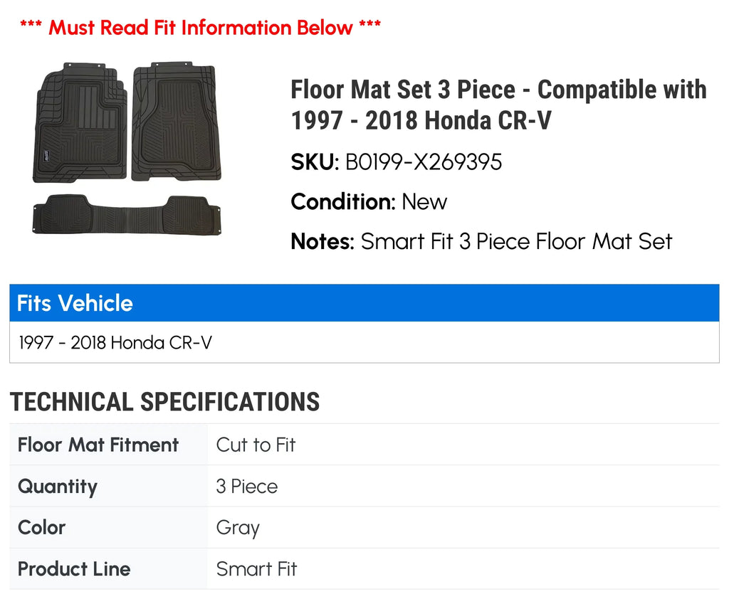 Set 2001 2006 Floor - 2011 Mat 2010 3 2003 - CR-V 2015 Piece 2009 2004 2014 2000 1999 2013 2017 Compatible 2007 2012 2008 1998 2016 Honda 1997 with 2002 2018 2005
