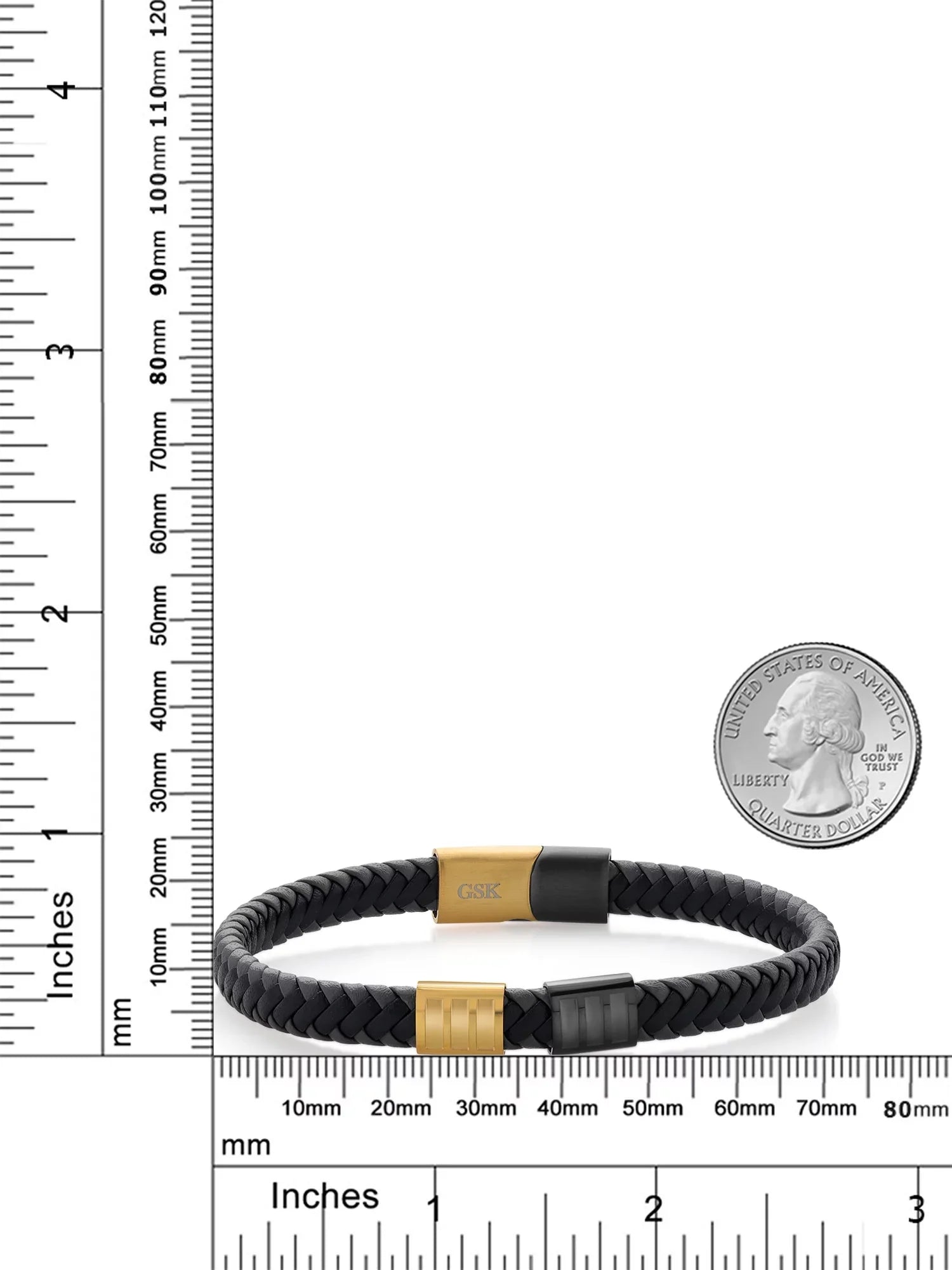 inch, (8.25 Genuine King Men's 7.7MM Gold Gem Black Steel Leather Width) Premium Stone Stainless Bracelet