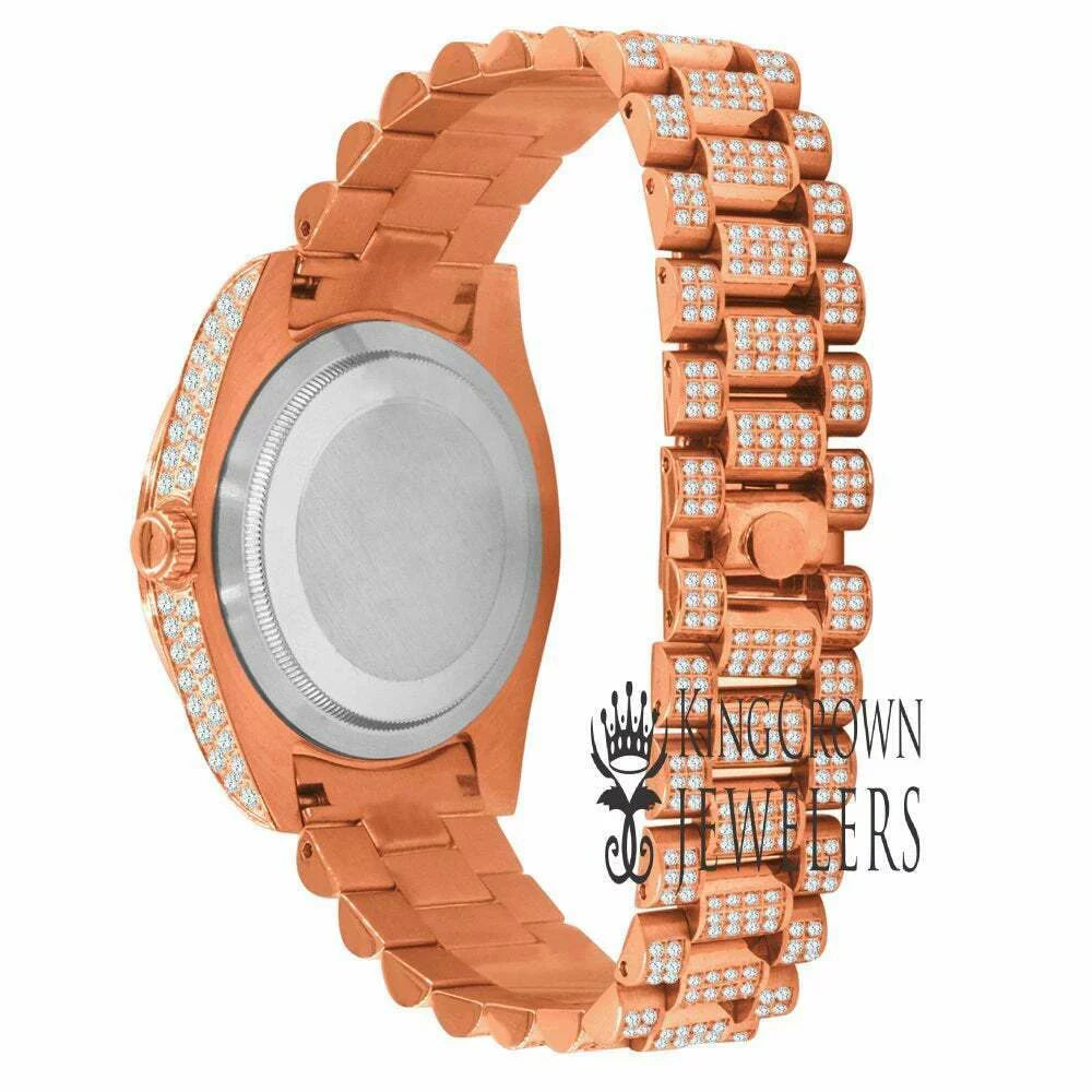 Steel Bezel Face Solitaire 40mm Full 18K Gold Day-Date Simulated Roman Tone Mens Rose Diamond Watch