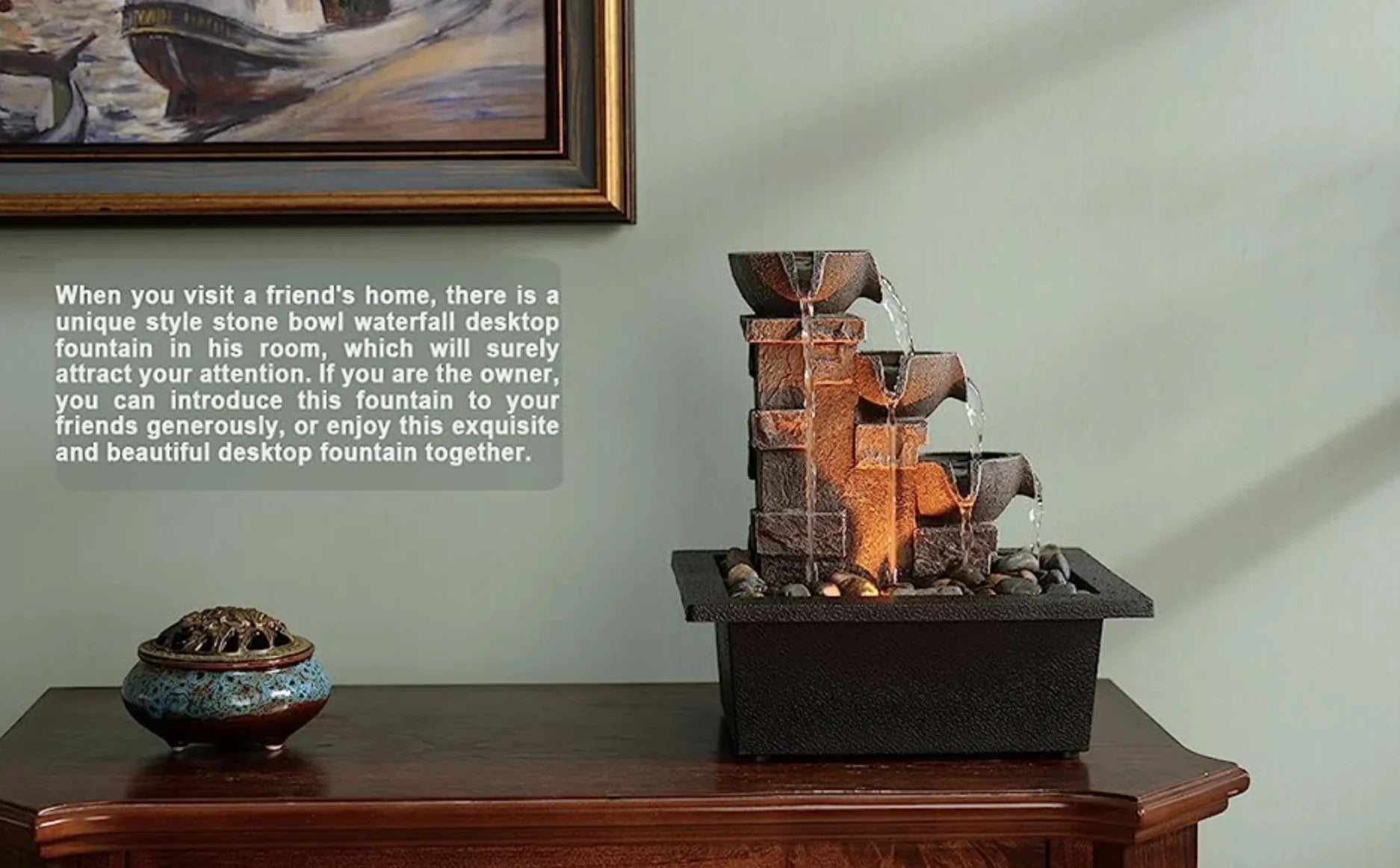 Stone Tabletop Natural Home GOSSI LED Rock 3-Tier Office Fountain(22070) Tabletop Relaxing Meditation Imitation Many Waterfall Lights River Décor Fountain Wall Fountain