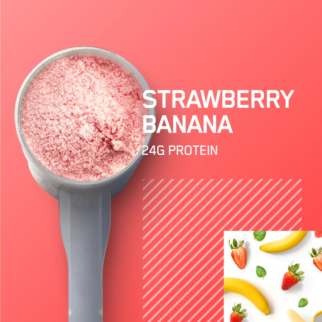 Standard Protein, g Protein Gold Nutrition, Whey Servings Strawberry Optimum Powder, Banana, lb, 100% 24 2 30