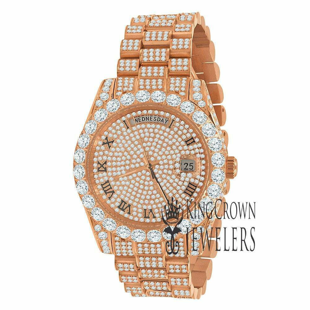 Steel Bezel Face Solitaire 40mm Full 18K Gold Day-Date Simulated Roman Tone Mens Rose Diamond Watch