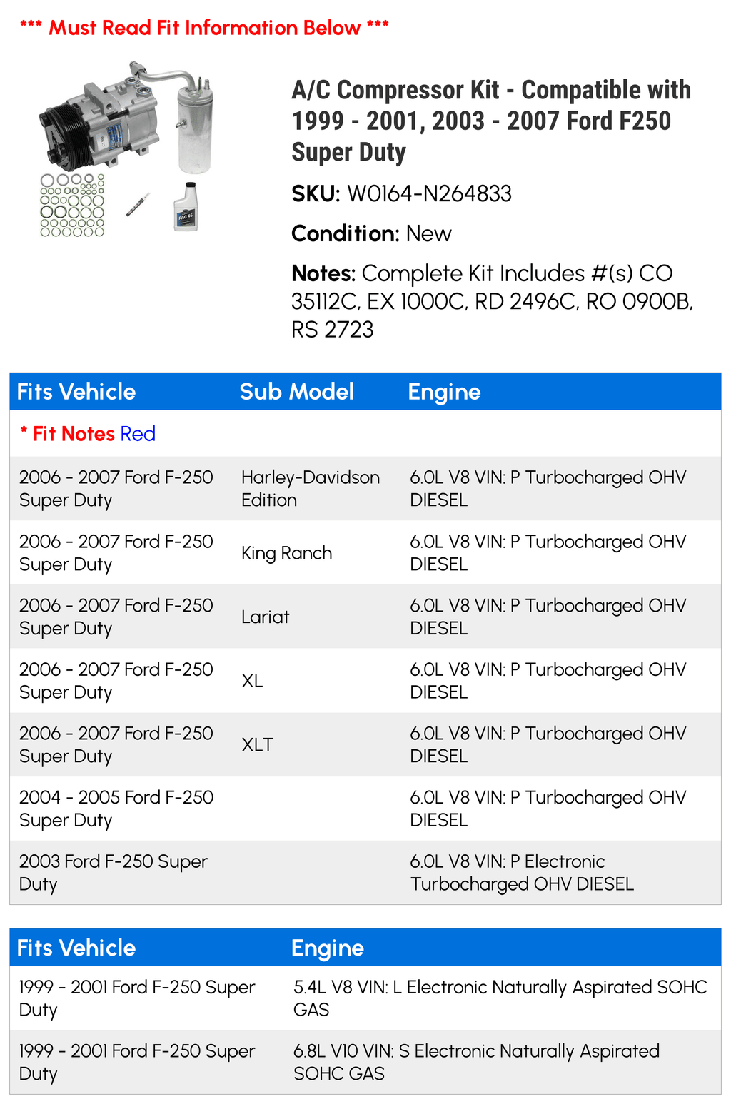 Duty A/C Compatible - 2005 Super 2000 with 2006 Kit F250 2007 2003 - 2004 Compressor 2001, - 1999