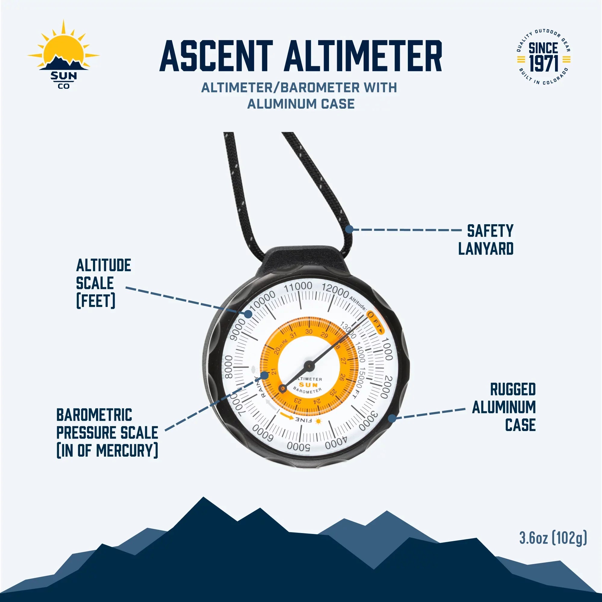 to Altimeter Company and Altimeter Lanyard Feet | Aluminum | Barometer Battery-Free Rugged with Altitude Reads Case and 0 - Reflective climate-Trend from Ascent Indicator Sun 15,000