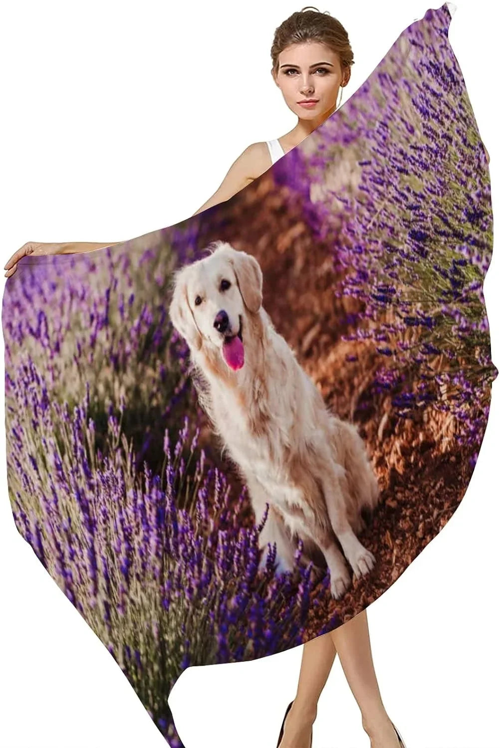 Dog Neck Wrap Women Scarf Golden Girls Lavender Adorable Retriever in Hyjoy Silk Field for Lightweight Long Scarves Shawl