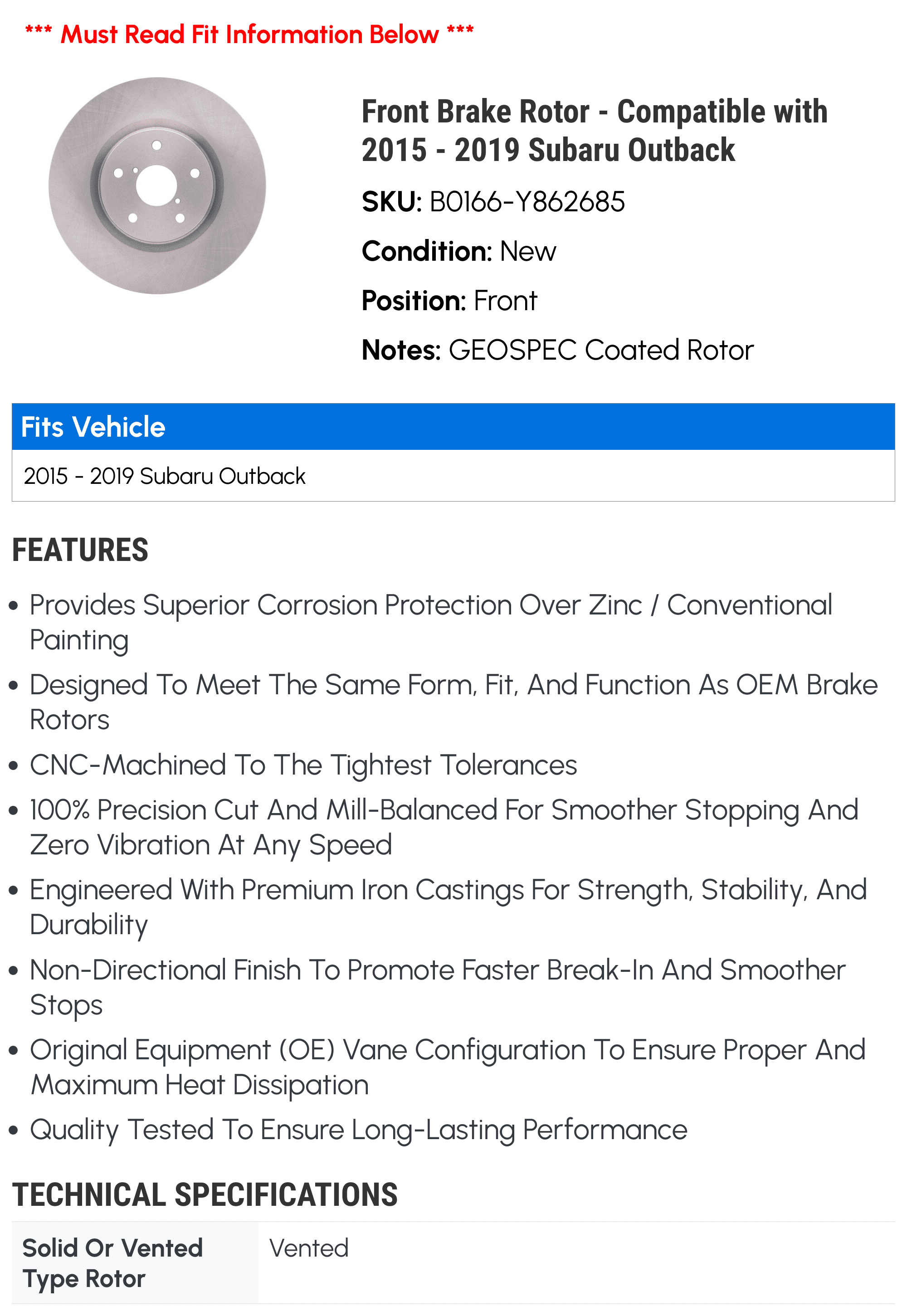 Outback Compatible Rotor Front - Subaru with 2016 2019 2018 2015 - Brake 2017