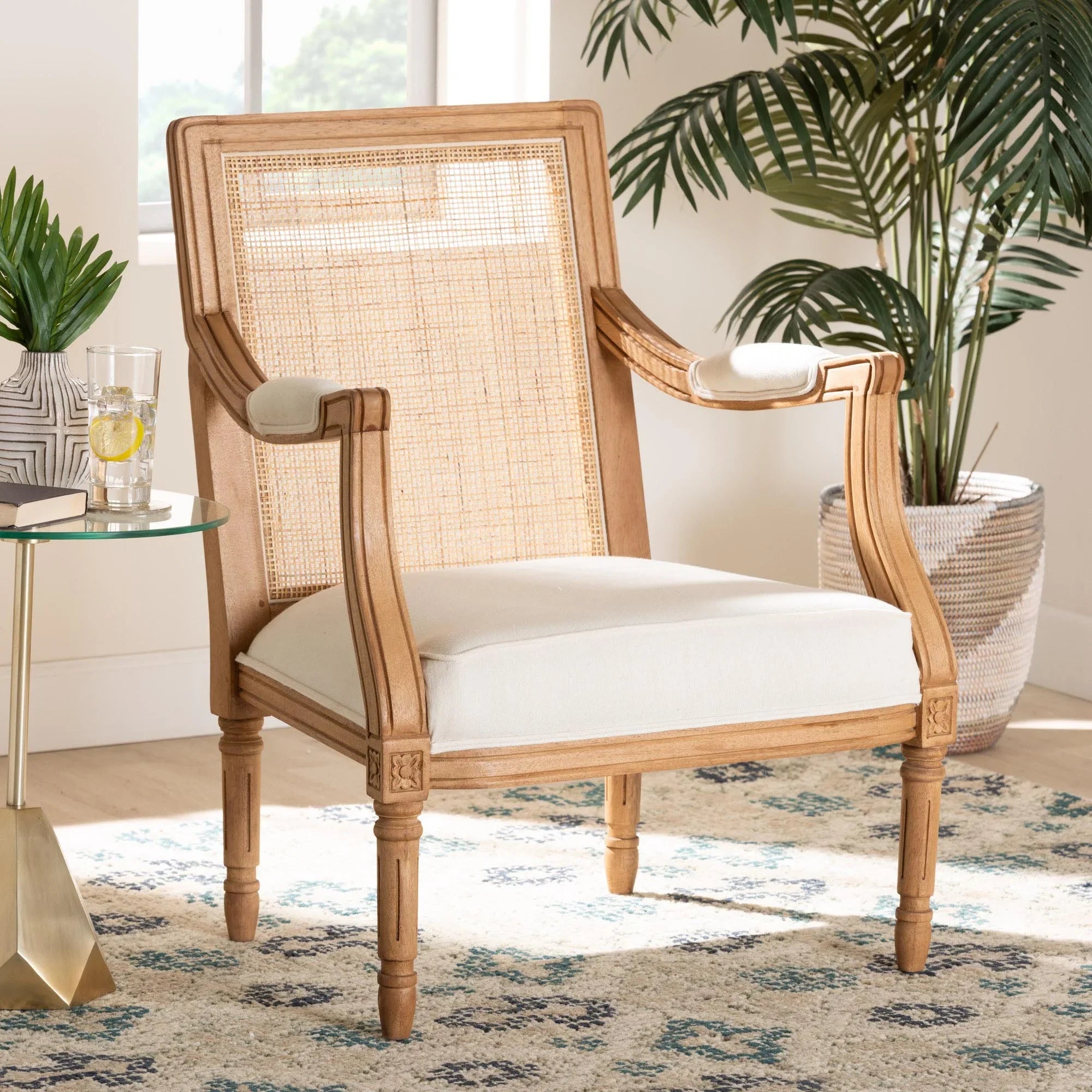 Studio Chair French Fabric Oak and Finished Accent Baxton Beige Honey Wood Garridan Traditional