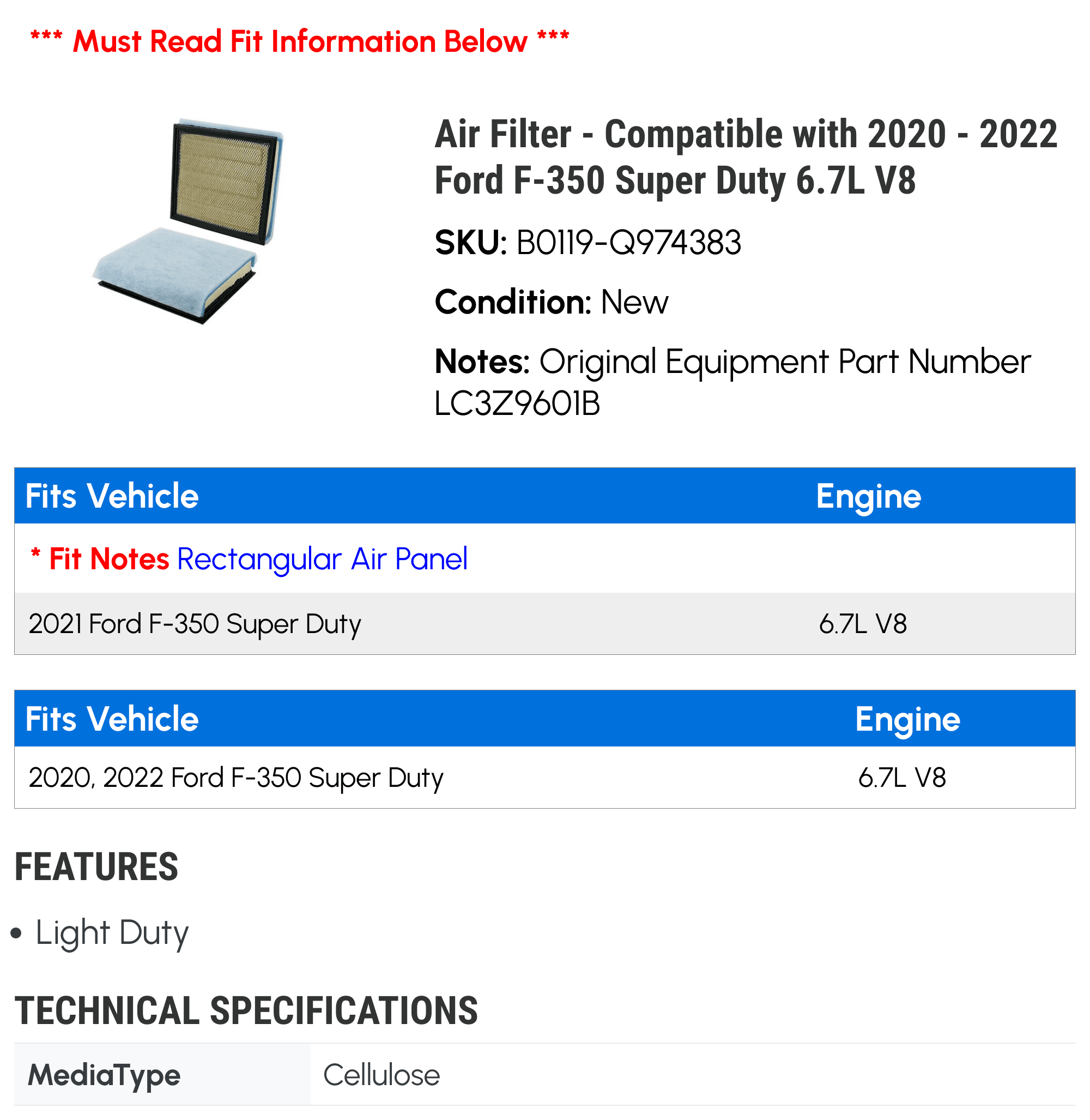 2020 with Filter 6.7L V8 Super 2021 2022 F-350 - - Duty Compatible Air