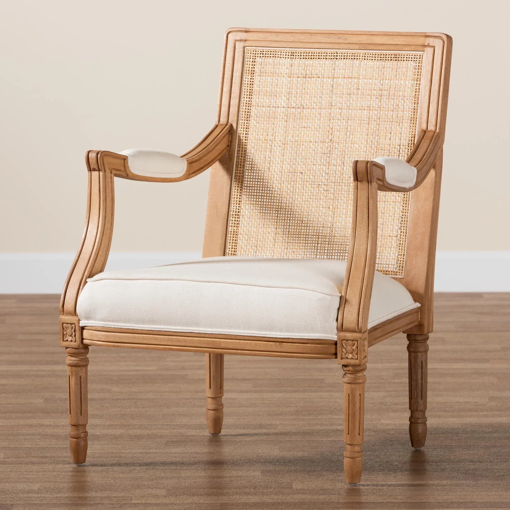 Studio Chair French Fabric Oak and Finished Accent Baxton Beige Honey Wood Garridan Traditional