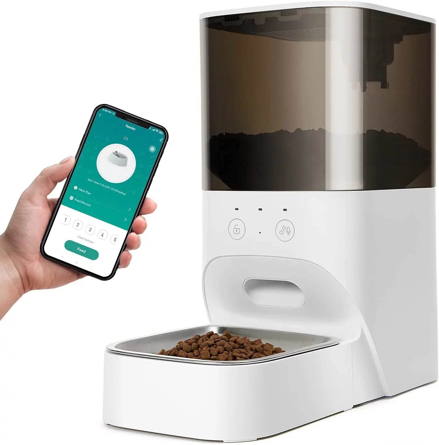 Dispenser Feeder, Steel Feeder Cat boqii Cat with Lock Lid, Automatic Dog & Food Voice 30S Timed Stainless Recorder APP with Control,