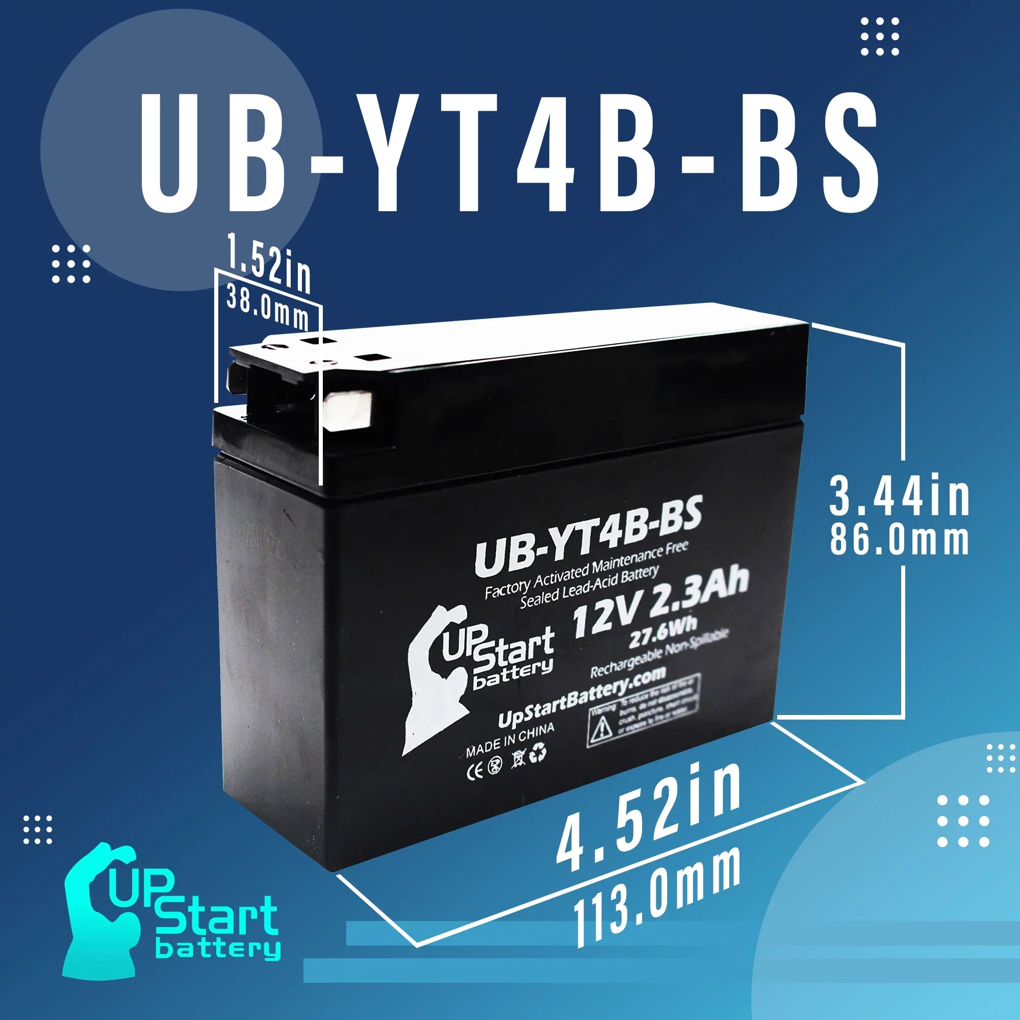 Yamaha 12V, 2.3Ah, Factory Battery UB-YT4B-BS Motorcycle Activated, 400CC Free, Battery UpStart 4-Pack for 2008 - Maintenance SR400 Replacement