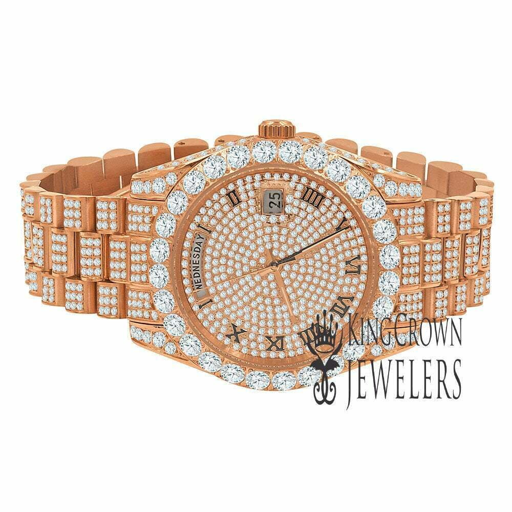 Steel Bezel Face Solitaire 40mm Full 18K Gold Day-Date Simulated Roman Tone Mens Rose Diamond Watch