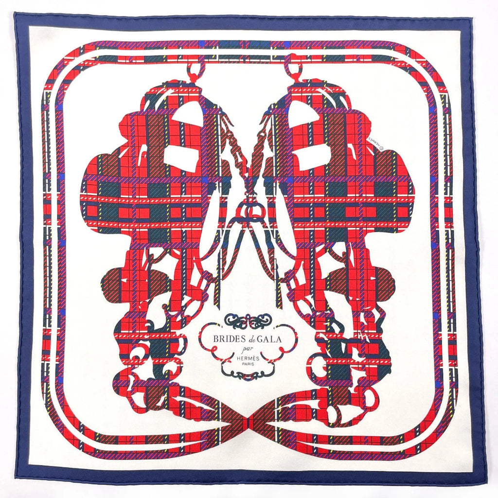 Muffler N3123233 White Pre-Owned Women's Tartan Brides Scarf (Good) HERMES de 45 Gala Silk Carre Gavroche