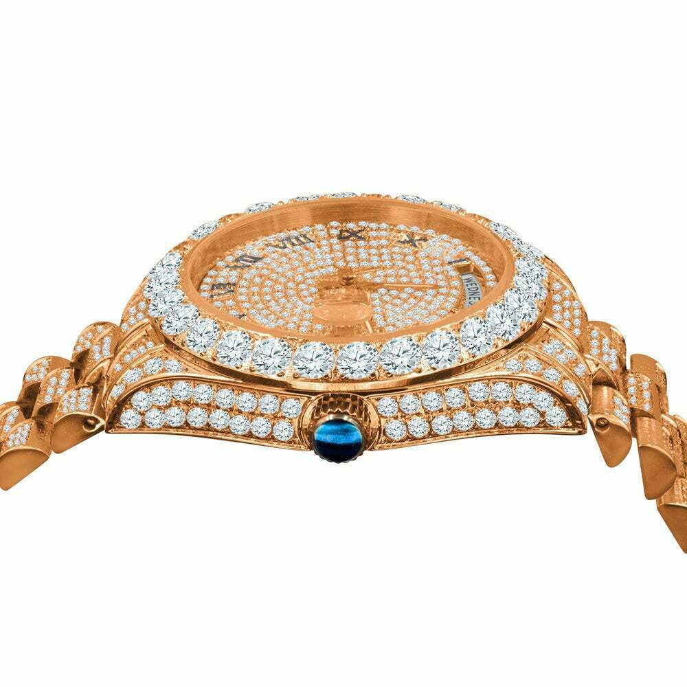 Steel Bezel Face Solitaire 40mm Full 18K Gold Day-Date Simulated Roman Tone Mens Rose Diamond Watch