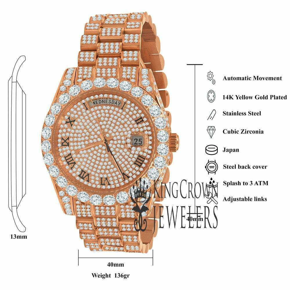 Steel Bezel Face Solitaire 40mm Full 18K Gold Day-Date Simulated Roman Tone Mens Rose Diamond Watch