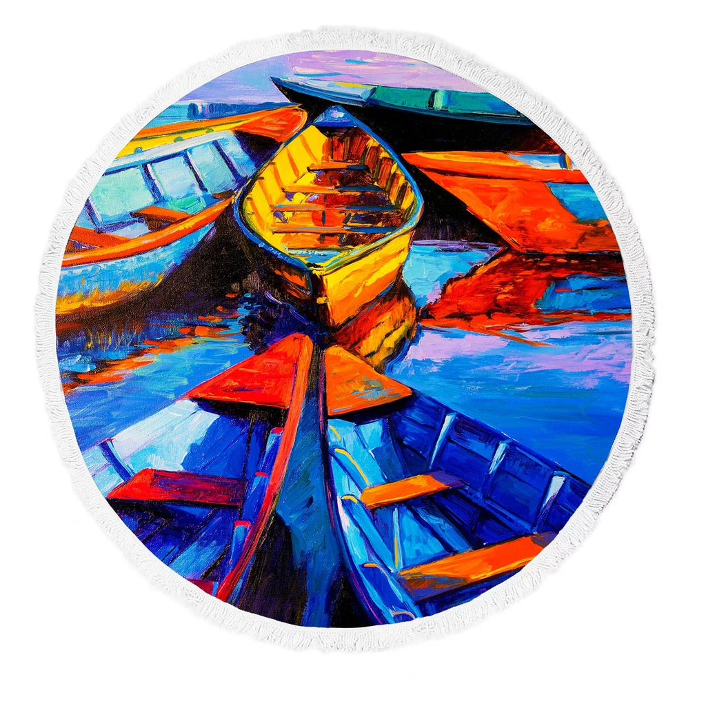YKCG Sea Yoga Shawl Tassels Painting Beach Throw Mats Towel Boats Modern Blanket with Ships Beach on Canvas Mat Beach Impressionism Beach Oil Towel Round Beach