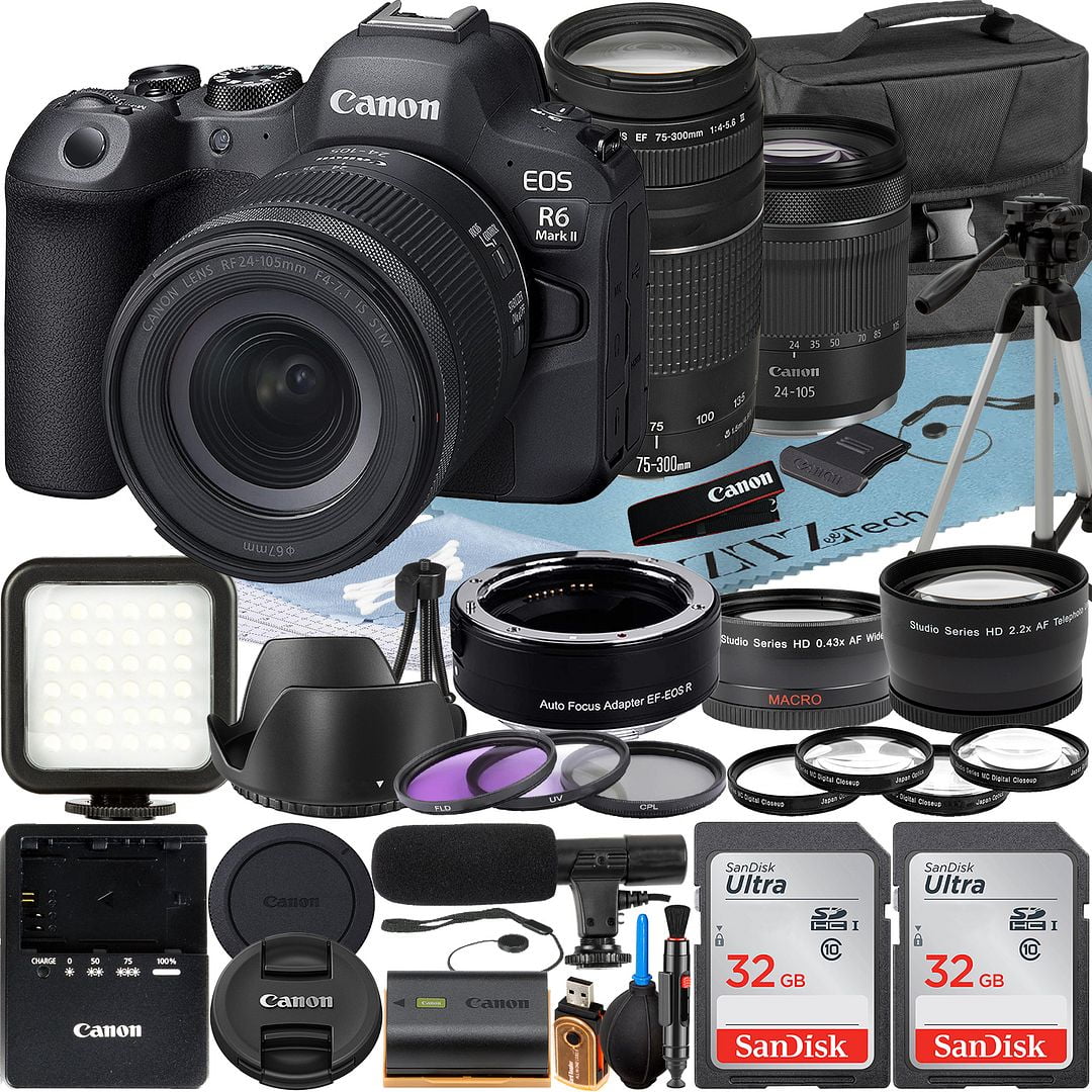 '+ Camera + Mount EF SanDisk 24-105mm + RF Pack Case + EOS Adapter 75-300mm Memory Flash + ZeeTech Mirrorless R6 LED + Lens II 2 Accessory with Mark Canon Card 32GB