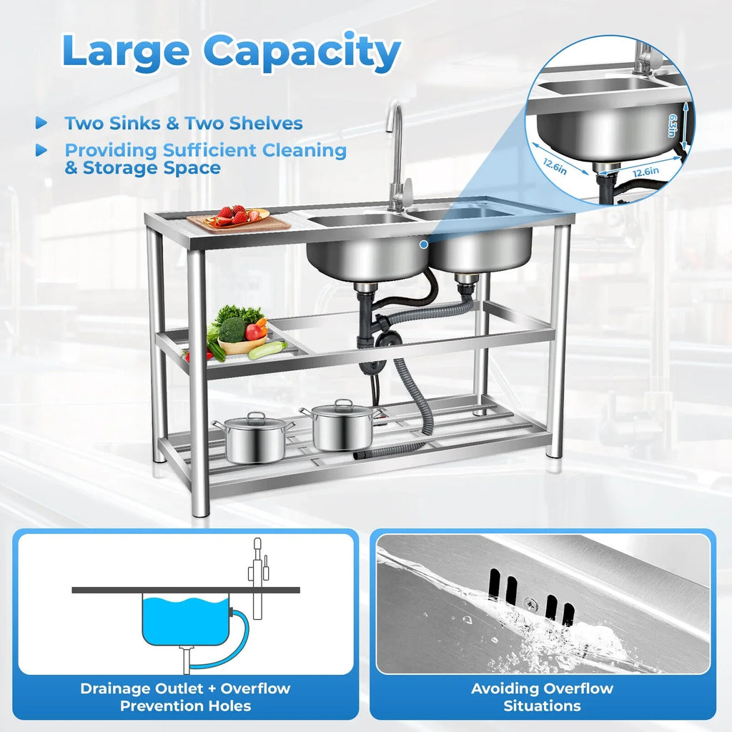 Kitchen Sink 304 Prep w/Faucet Bowls Prep w/ Bowl Catering Home Steel Utility Kitchen Catering Sink Table 2 +Shelf Bowl Catering Bowls Prep 2 Table Commercial Stainless Drainboard Kitchen Sink