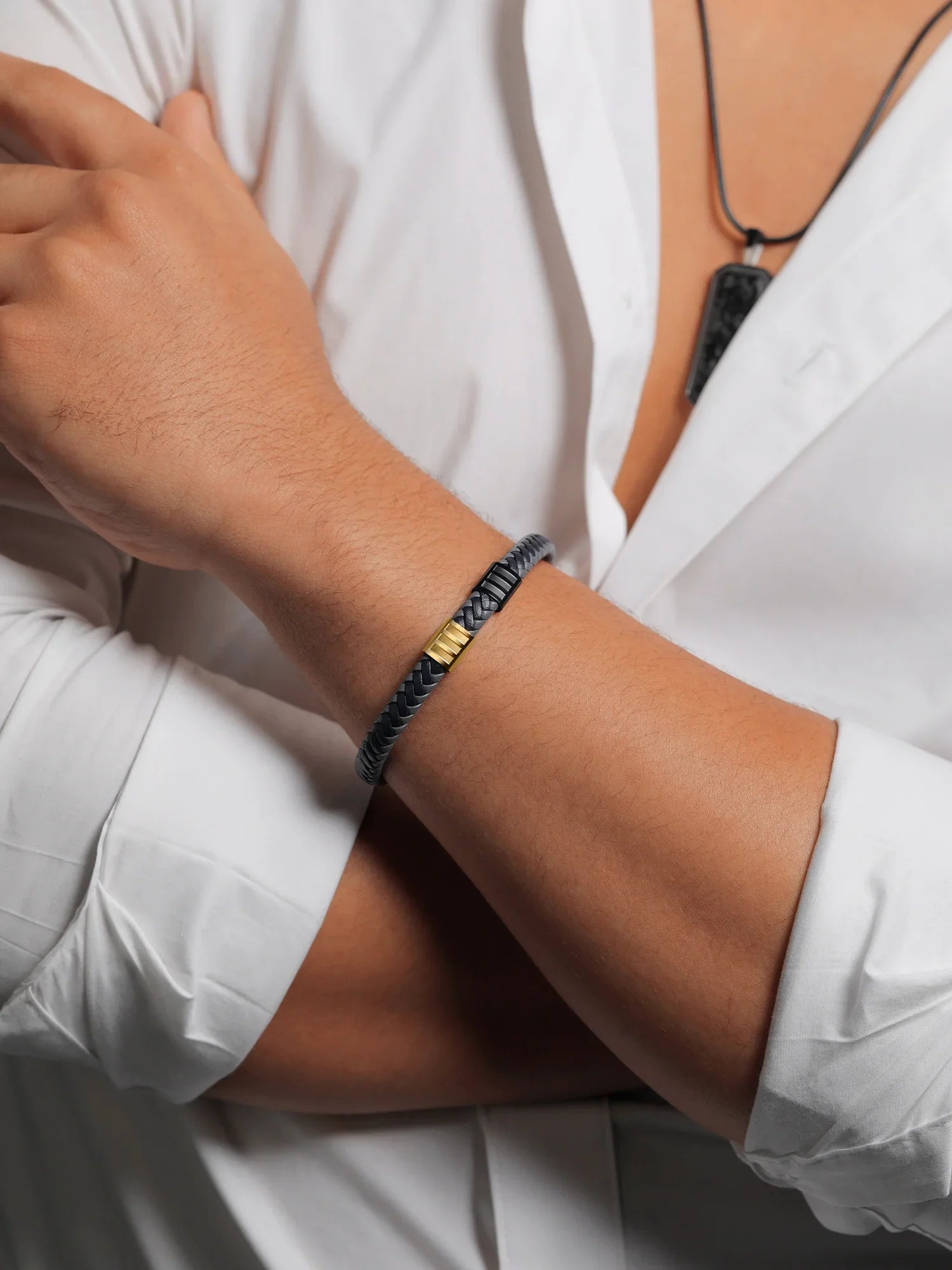 inch, (8.25 Genuine King Men's 7.7MM Gold Gem Black Steel Leather Width) Premium Stone Stainless Bracelet