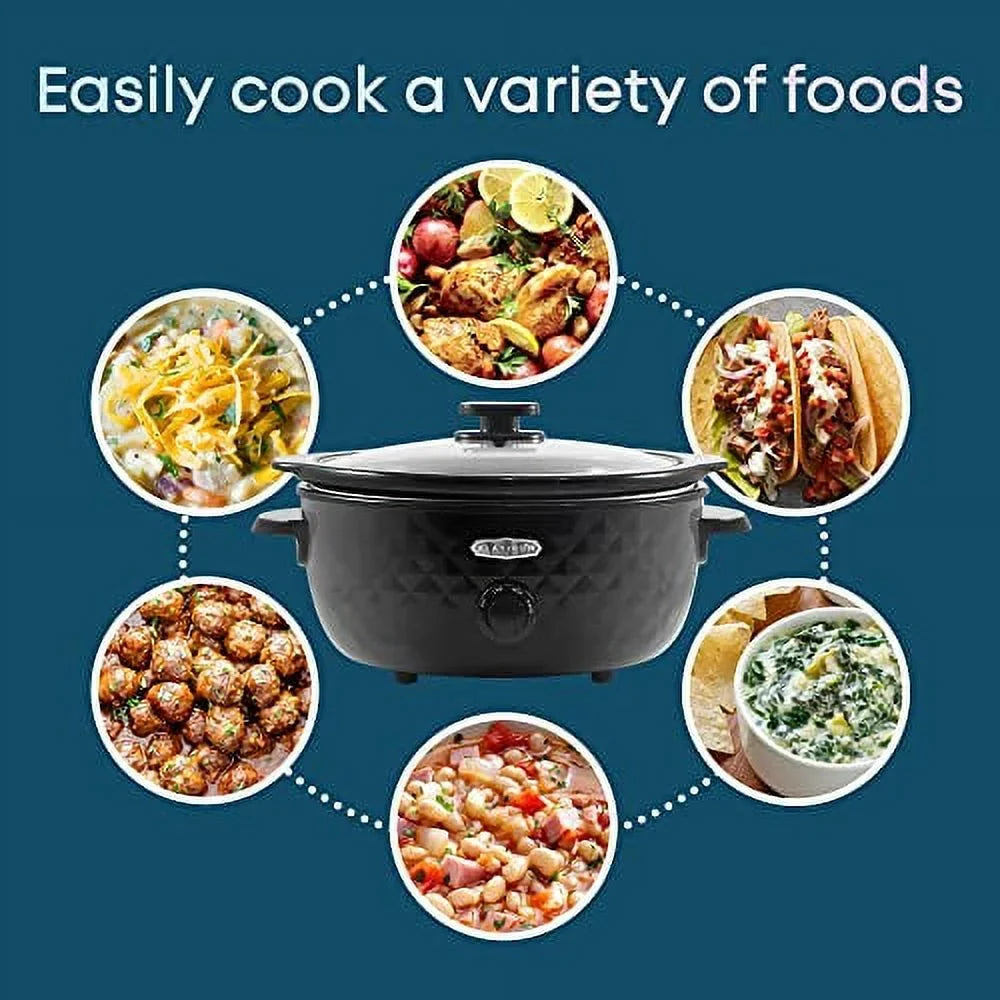 Quart, Removable, Cooker Cool-Touch Gourmet Tempered Elite Charcoal Slow Lid, MST1234BX# Pattern with Handles, Pot 6 Black Glass Stoneware Dishwasher-Safe Diamond