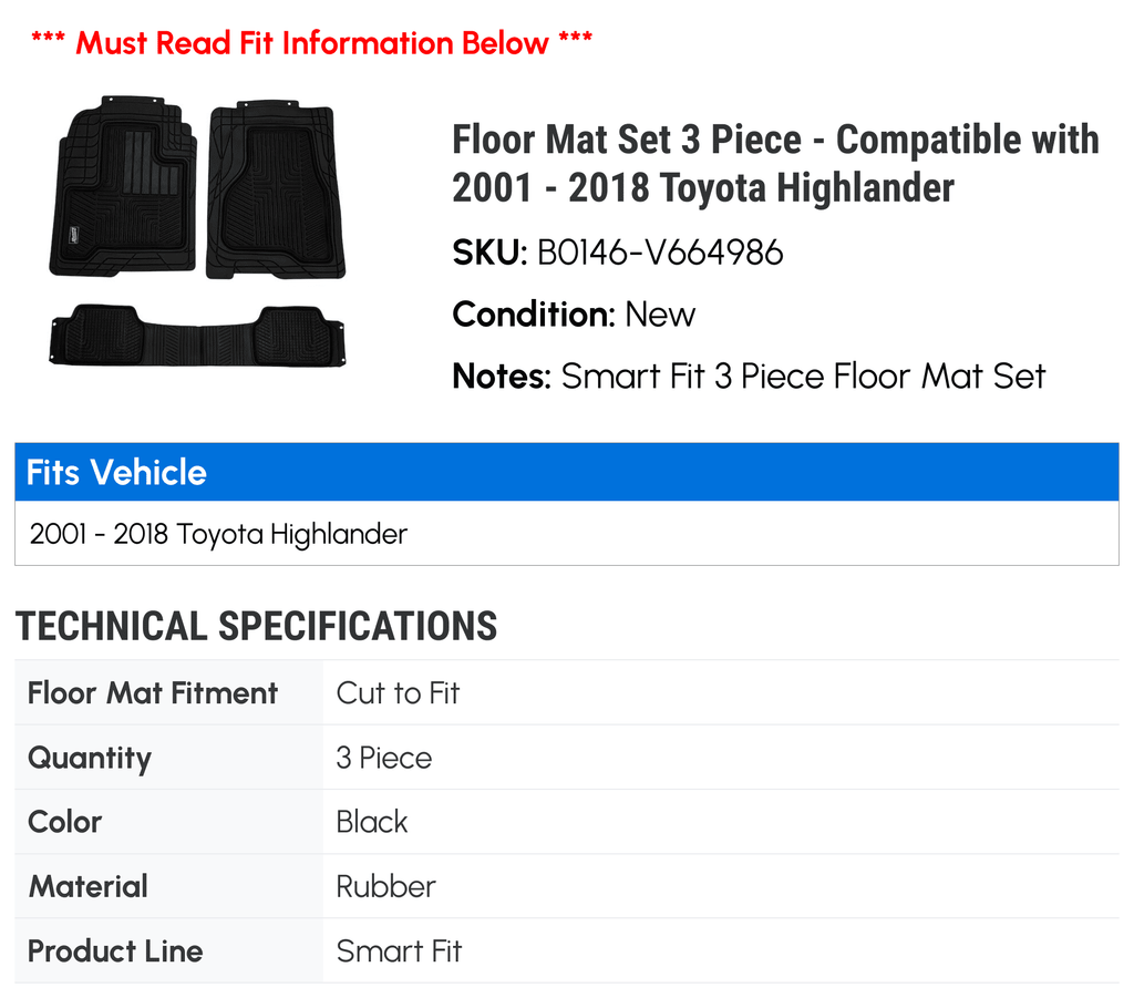 2002 Highlander 2006 2013 2008 2015 - Mat Piece Toyota 2018 2017 Compatible 2016 Set 2014 2012 2010 2003 2001 2007 2011 - 2009 Floor 2004 3 2005 with