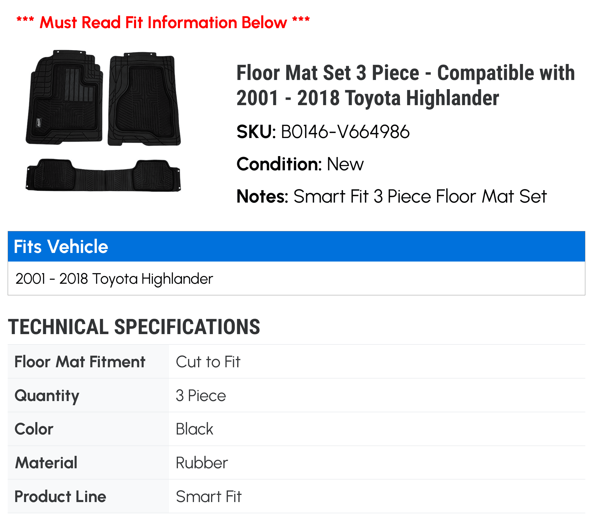 2002 Highlander 2006 2013 2008 2015 - Mat Piece Toyota 2018 2017 Compatible 2016 Set 2014 2012 2010 2003 2001 2007 2011 - 2009 Floor 2004 3 2005 with