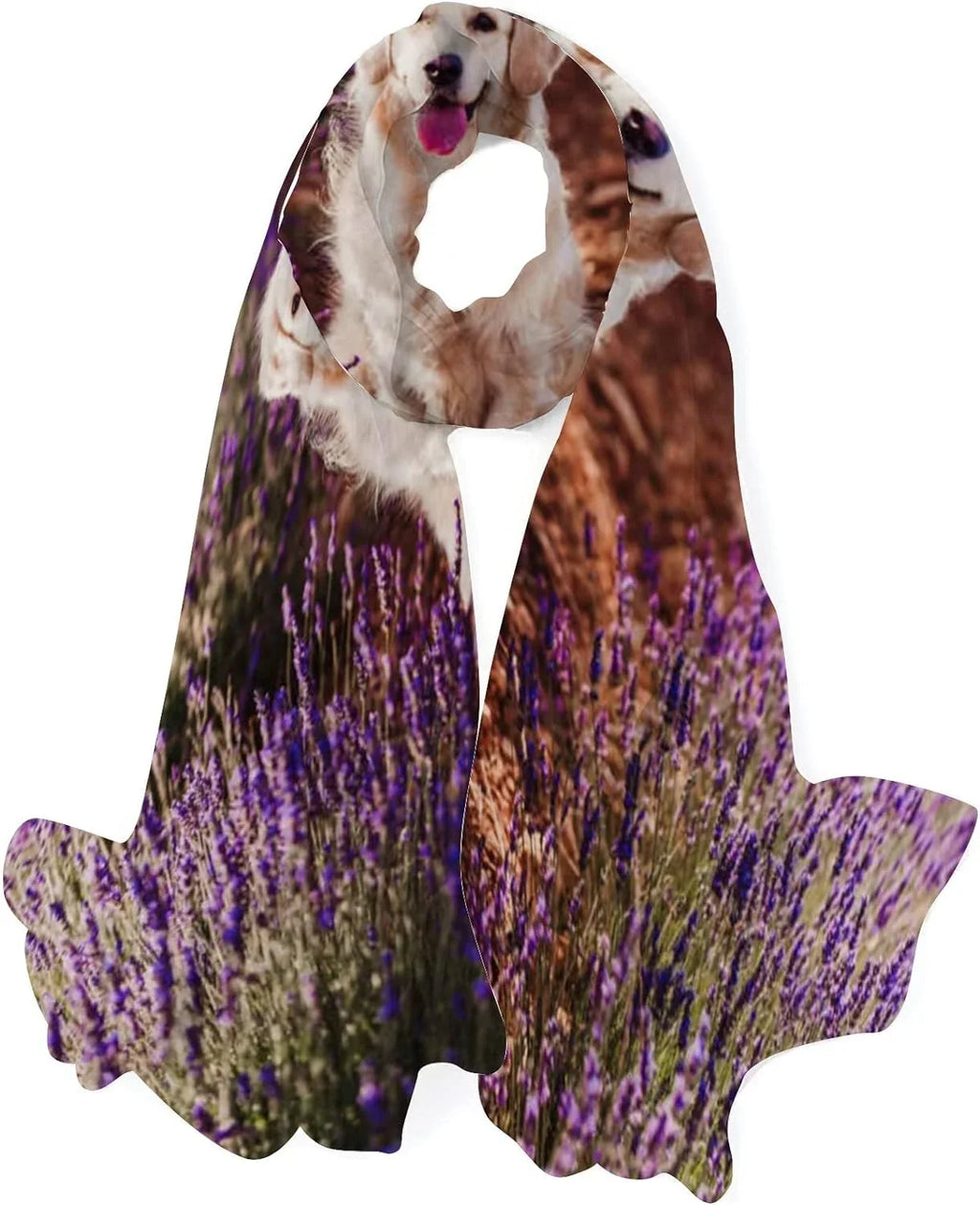 Dog Neck Wrap Women Scarf Golden Girls Lavender Adorable Retriever in Hyjoy Silk Field for Lightweight Long Scarves Shawl