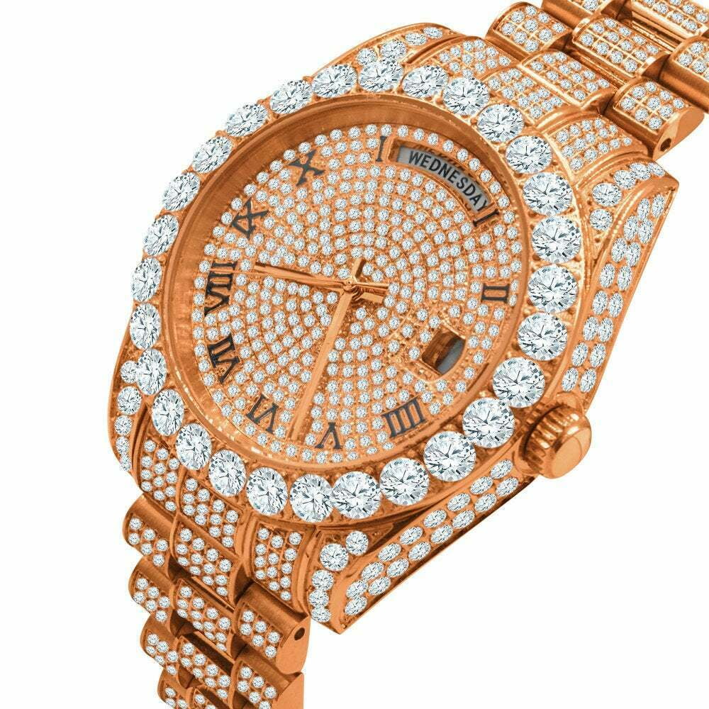Steel Bezel Face Solitaire 40mm Full 18K Gold Day-Date Simulated Roman Tone Mens Rose Diamond Watch