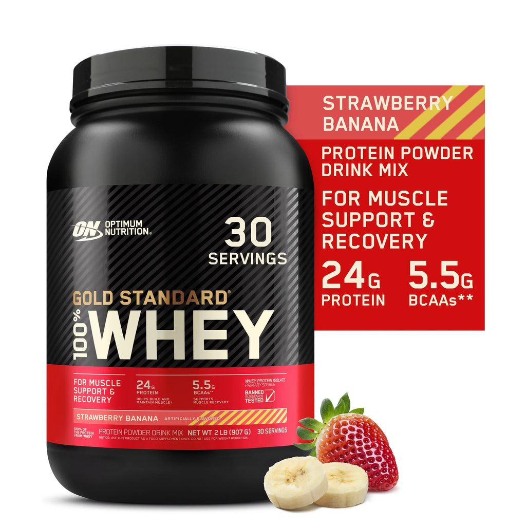 Standard Protein, g Protein Gold Nutrition, Whey Servings Strawberry Optimum Powder, Banana, lb, 100% 24 2 30