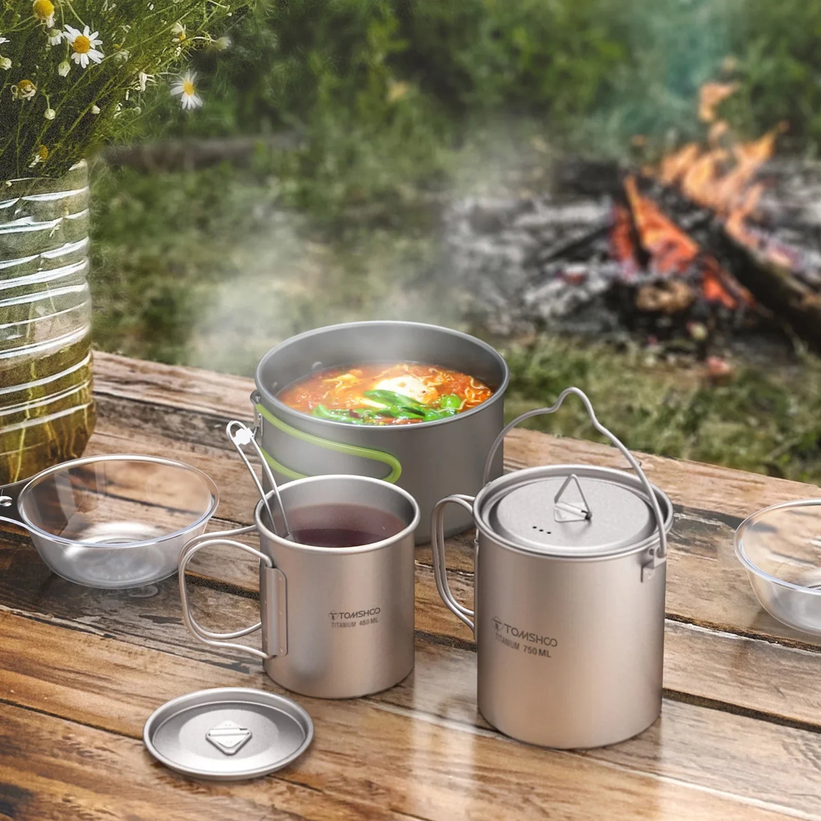 liquid Cup TOMSHOO Handle Ium cup Spork Lid Set Pot Handle 750ml Open Fire Adben With Handle 3 kit,With With Set Cup Pieces 750ml Coffee Cup Lid Lid Collapsible Pot 450ml