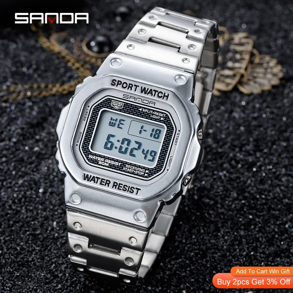 Relogio Sanda Waterproof Led Steel 390 5atm Masculino Casual Luxury Brand Clock Digital - Wristwatches Watches Watch Men's Wristwatch Men Digital Top
