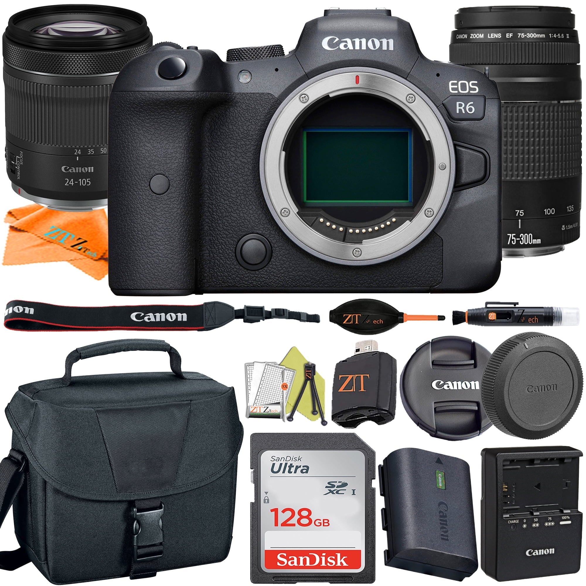 128GB SanDisk Lens Case Card with + EOS + ZeeTech Canon RF Digital Camera 75-300mm STM + Accessory Mirrorless + R6 24-105mm