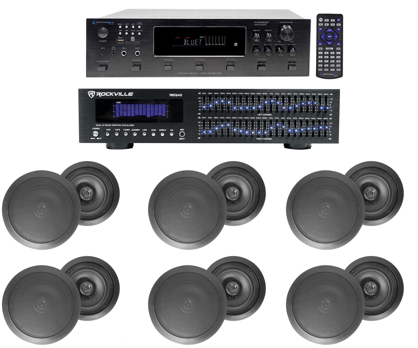 Ceiling 6.5" Receiver+12) Speakers+EQ Home Black 6-Zone, Theater 6000w Bluetooth