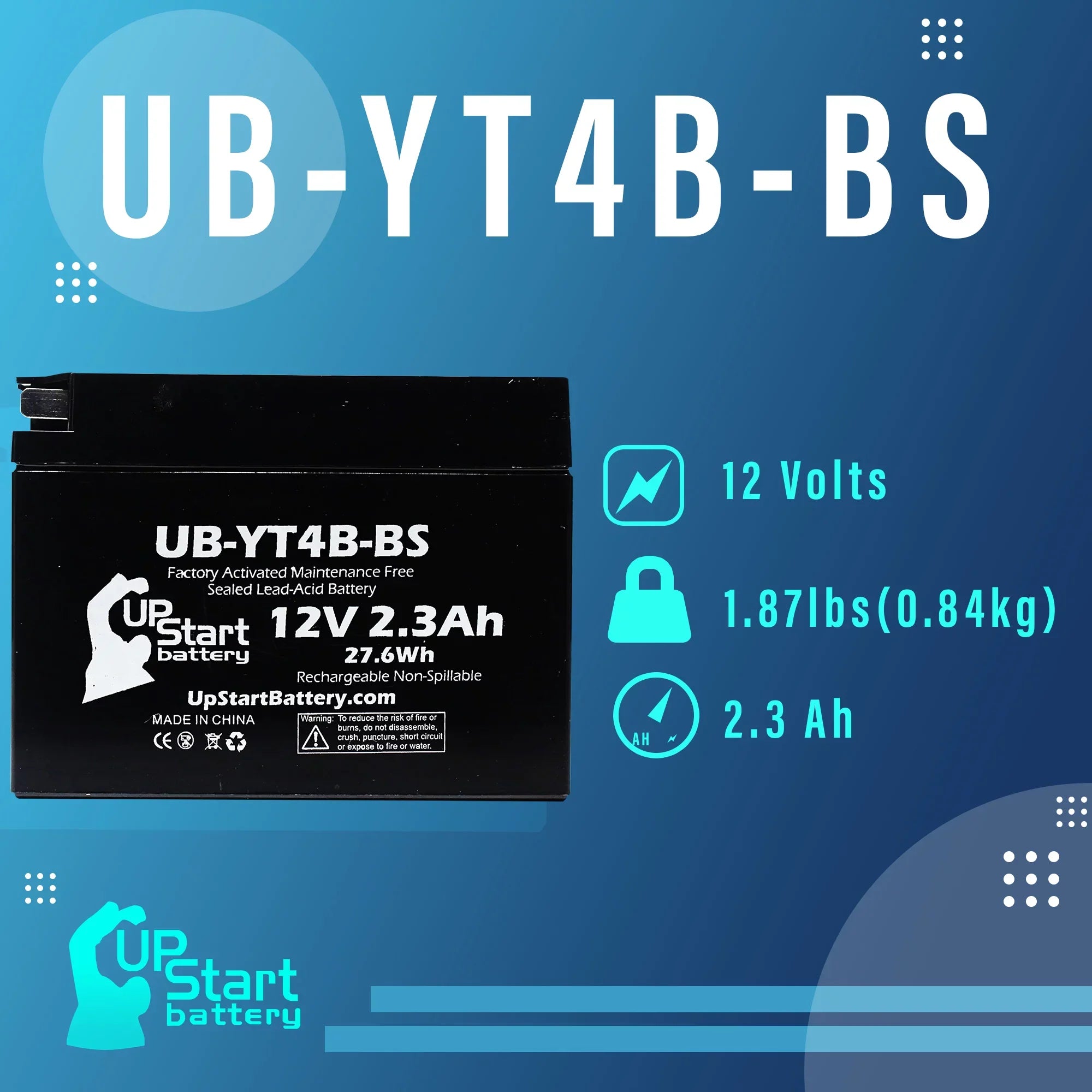 Yamaha 12V, 2.3Ah, Factory Battery UB-YT4B-BS Motorcycle Activated, 400CC Free, Battery UpStart 4-Pack for 2008 - Maintenance SR400 Replacement