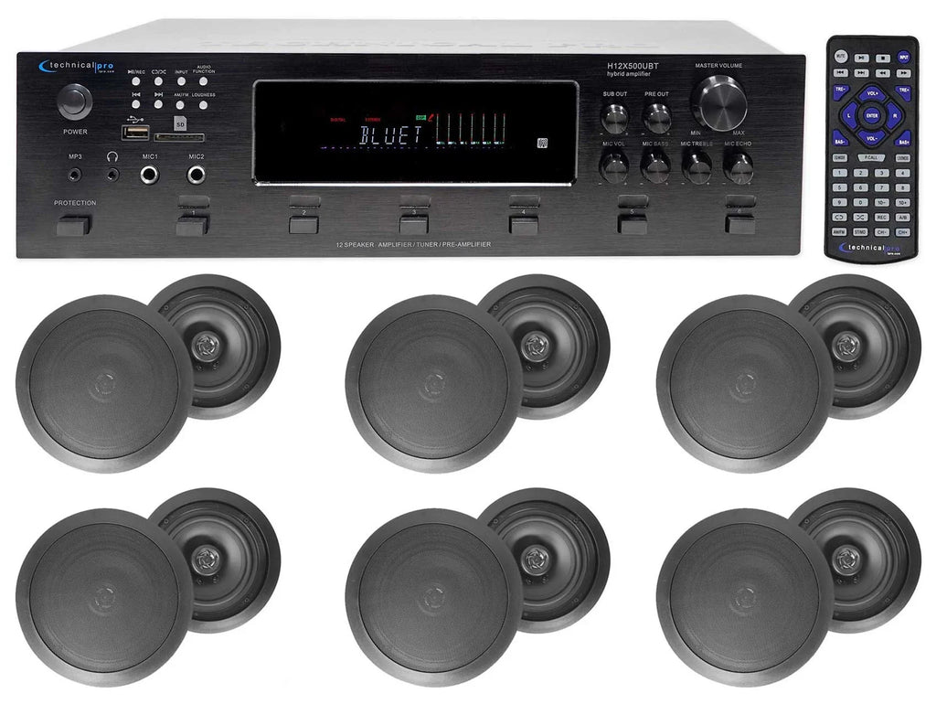 6) Black 6.5" Receiver+(12) Zone, 6000w Theater Speakers Ceiling Bluetooth Home