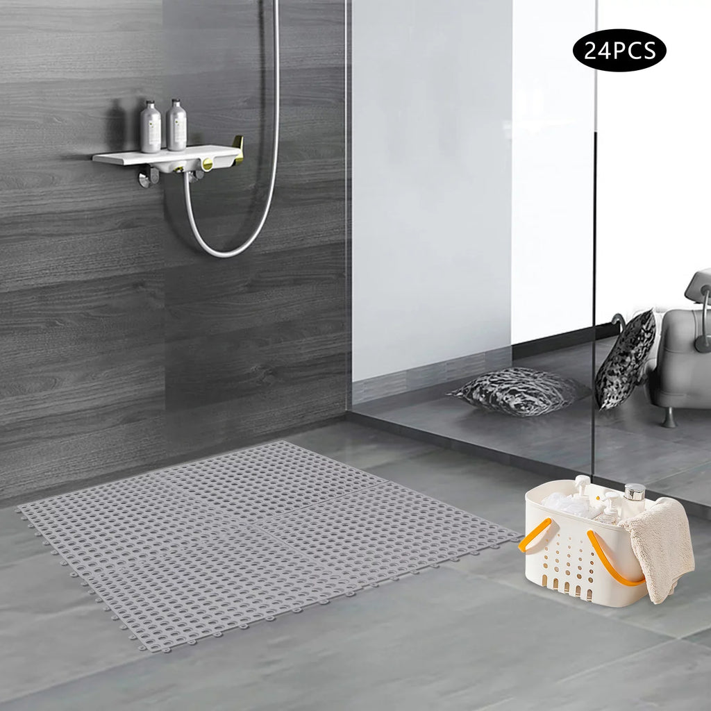 Drainage PVC Mat Shower Floor Interlocking Kitchen, Gray Bathroom, Holes Nonslip Mat,Soft Pool with 11.8*11.8" for Bath 24PCs