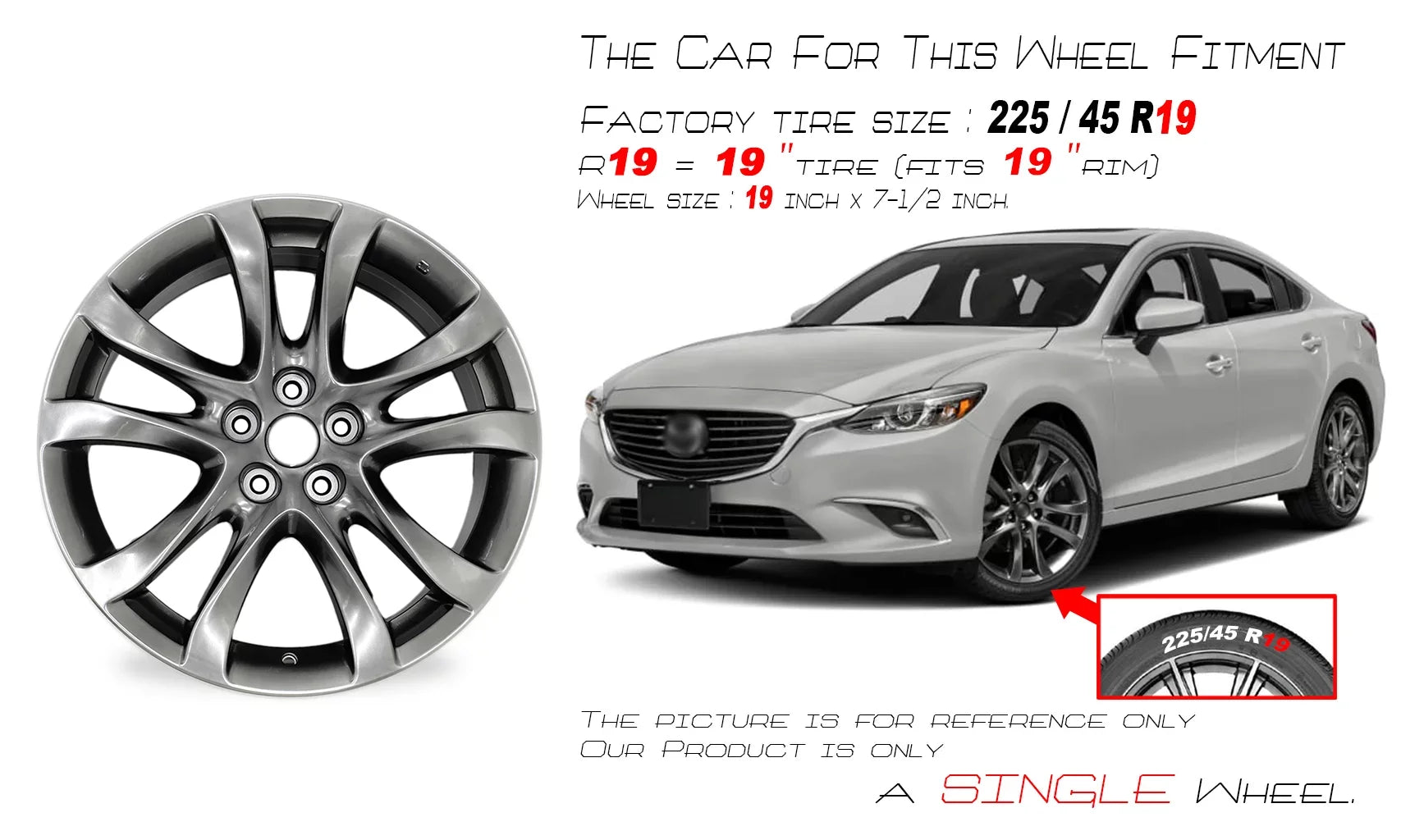 grade New Wheel - OEM Rim Hyper 19x7.5" Dark 6 2017 Silver Automotive 19" Mazda Single 2014 for Replacement