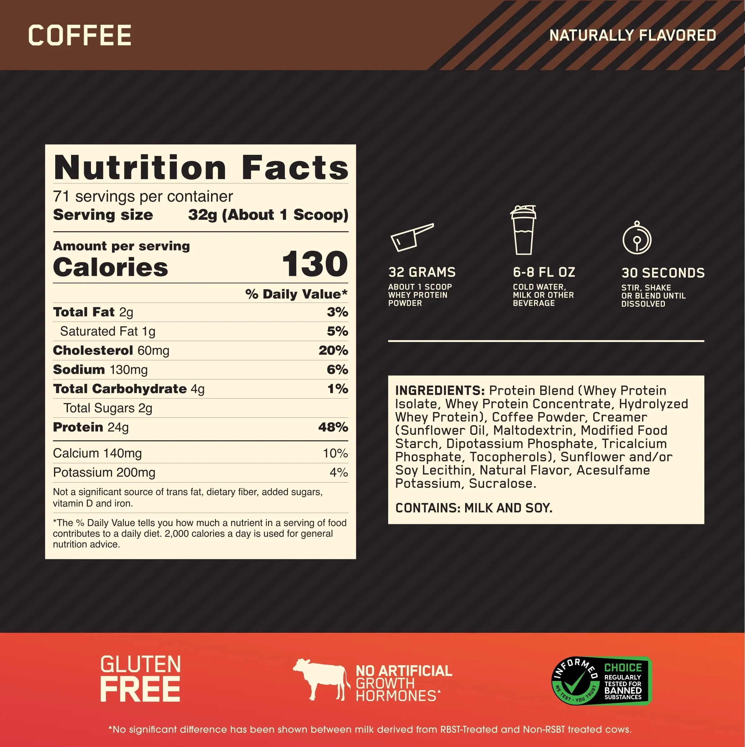 Gold Coffee, Powder, 100% Servings Protein 71 Whey Standard Optimum Nutrition, lb, 5