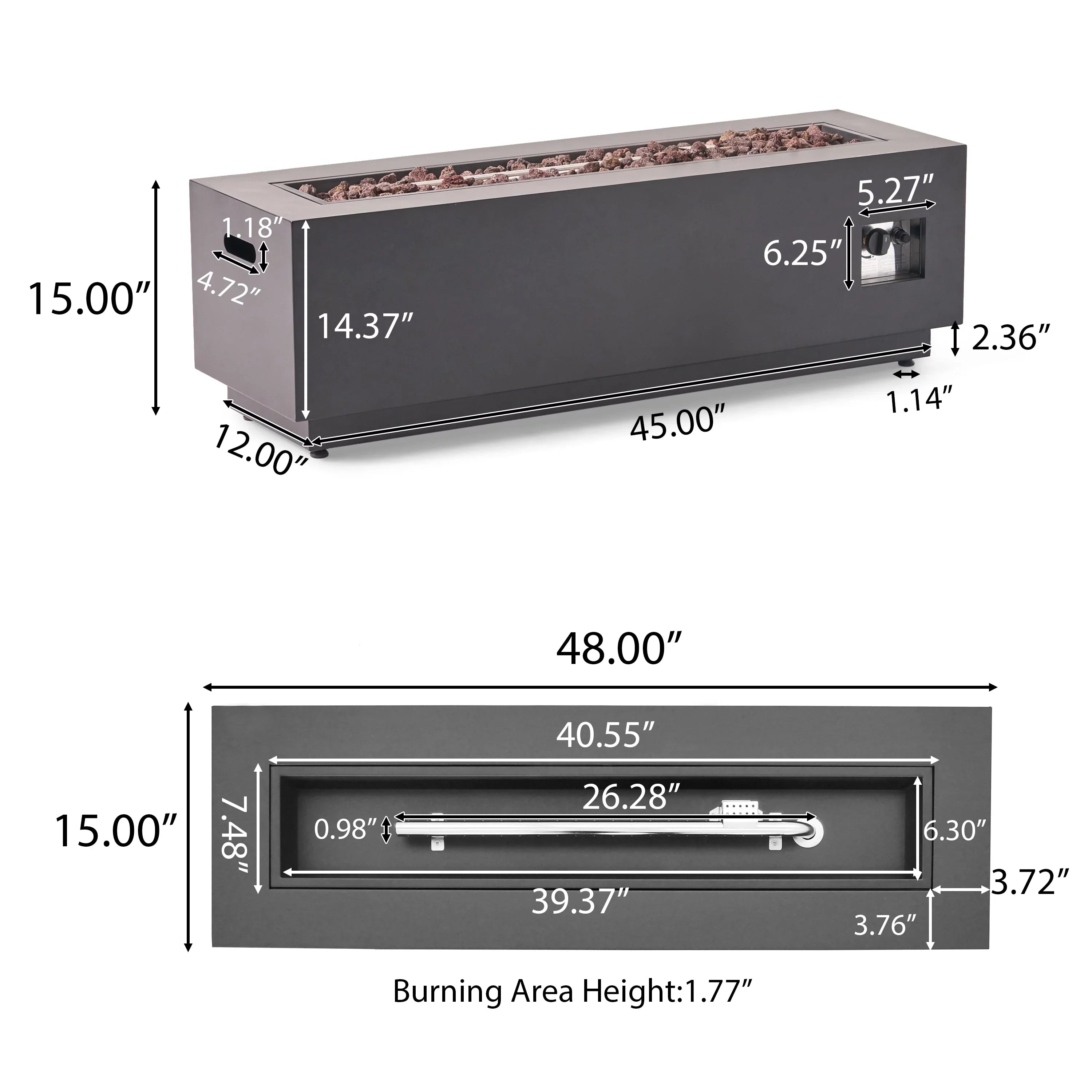 Grey Iron exterior Reign Rectangular Gas Dark Pit , Fire
