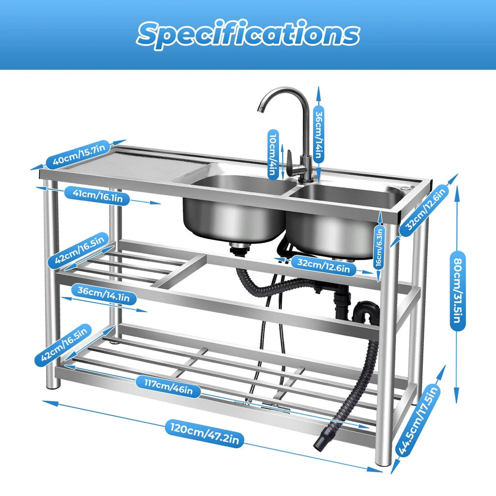 Kitchen Sink 304 Prep w/Faucet Bowls Prep w/ Bowl Catering Home Steel Utility Kitchen Catering Sink Table 2 +Shelf Bowl Catering Bowls Prep 2 Table Commercial Stainless Drainboard Kitchen Sink