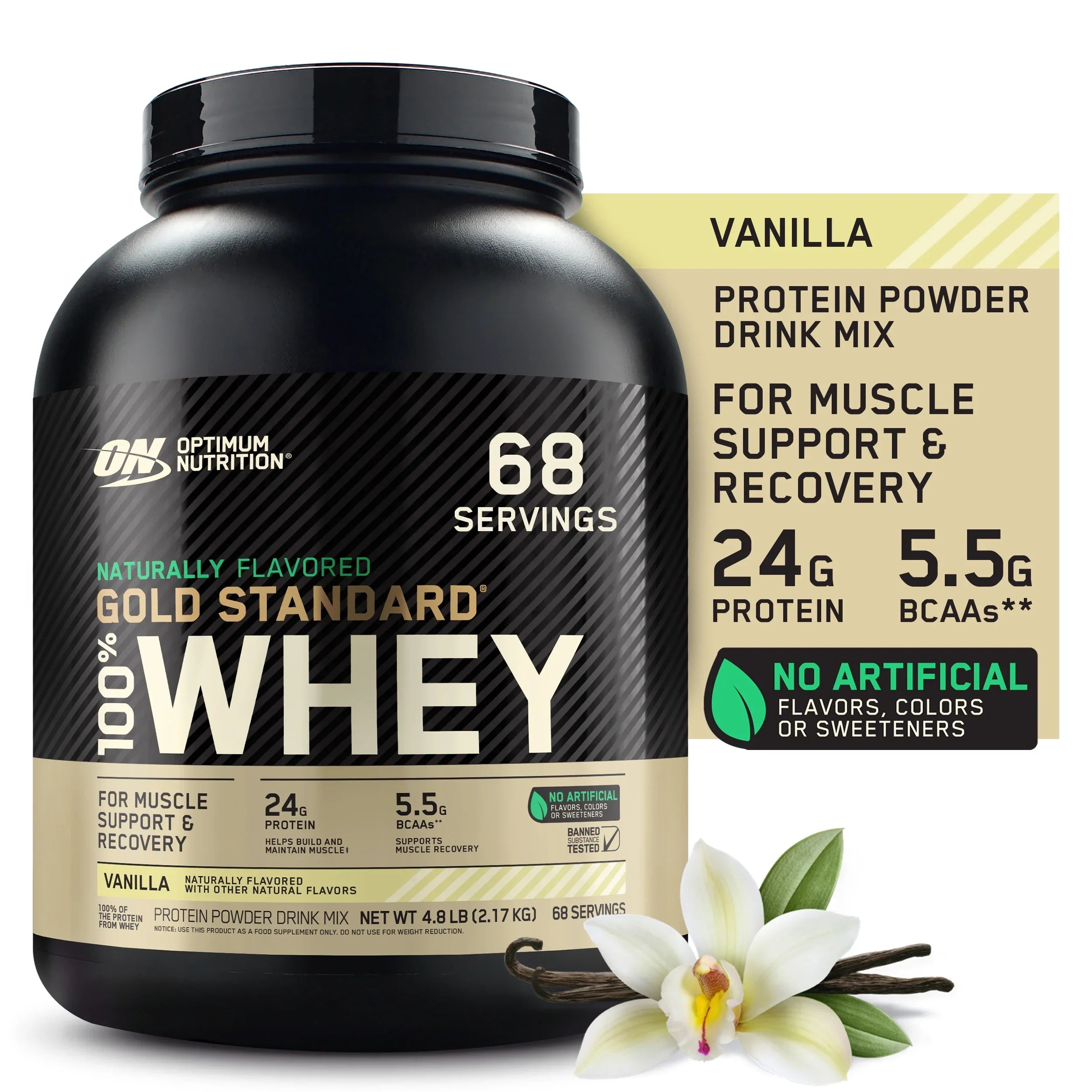 68 Protein Vanilla, Flavored Gold 100% 4.8 Servings Nutrition, Whey Optimum lb, Naturally Standard Powder,