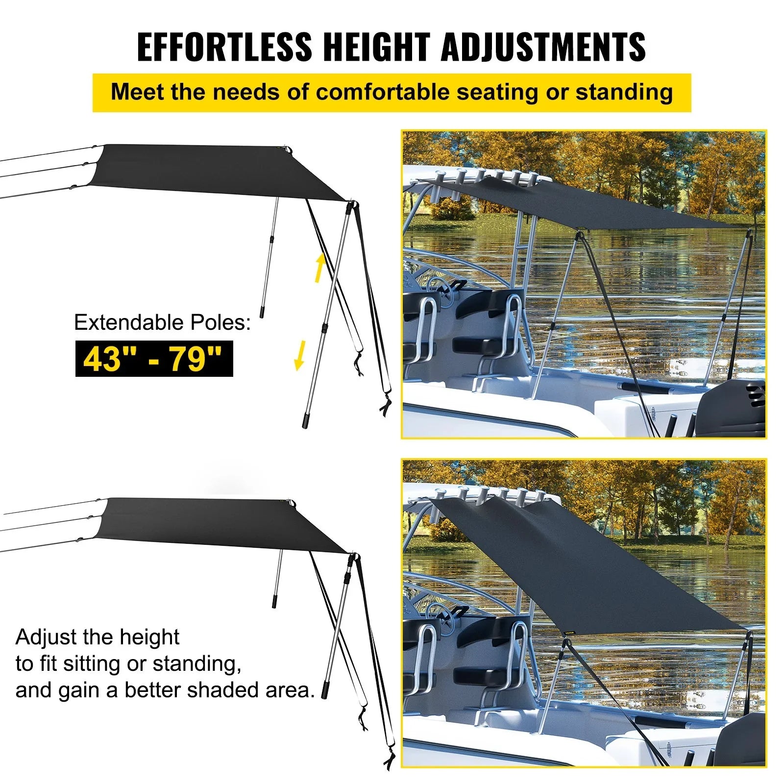 T-Top T-Tops & Easy Assembly Tops - Shade Bimini Kit with for 5'x5' Telescopic 600D Steel Polyester VEVOR UV-Proof Waterproof, Sun Poles, Rustproof