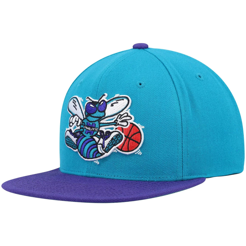 Team Men's Snapback & OSFA Mitchell Hardwood Classics 2.0 Ness Teal/Purple Charlotte Hat Hornets - Two-Tone