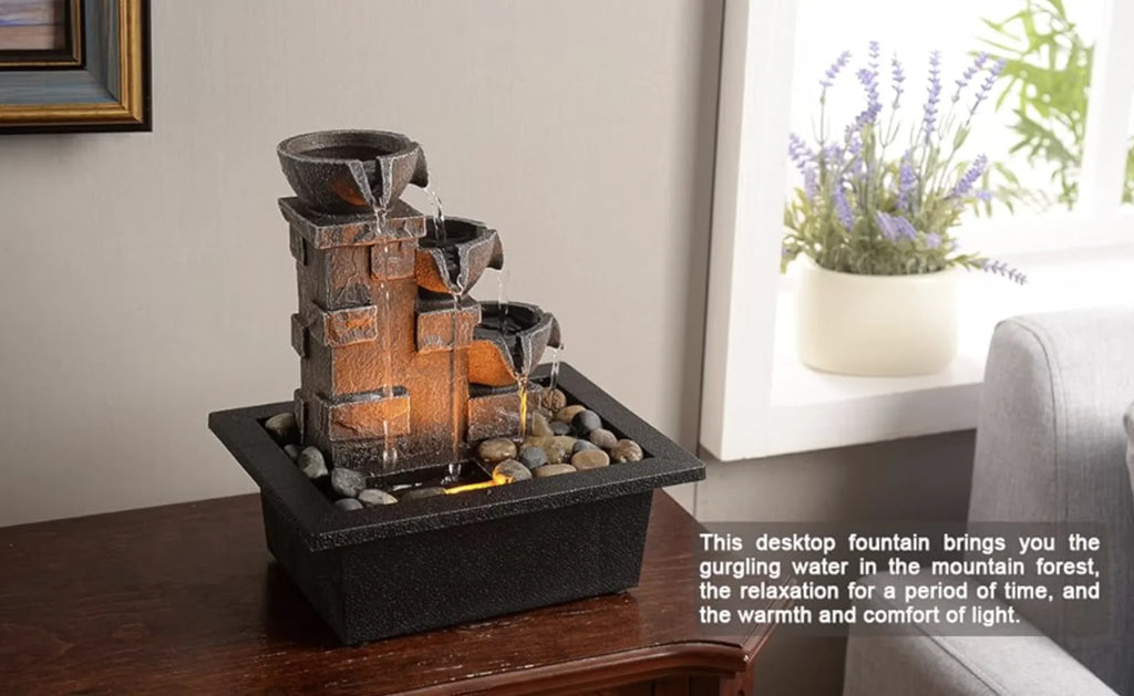 Stone Tabletop Natural Home GOSSI LED Rock 3-Tier Office Fountain(22070) Tabletop Relaxing Meditation Imitation Many Waterfall Lights River Décor Fountain Wall Fountain