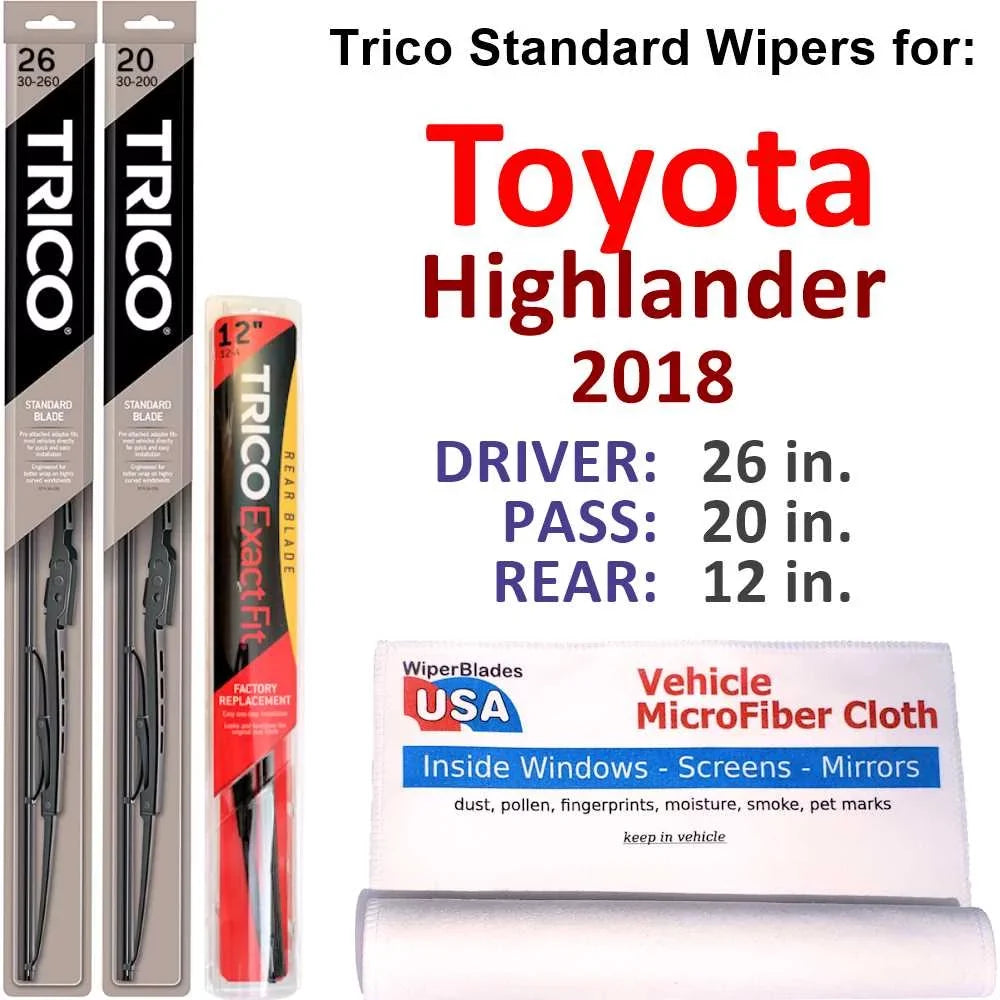 3) Wiper Blades 2018 w/Rear of (Set Wiper Toyota Highlander