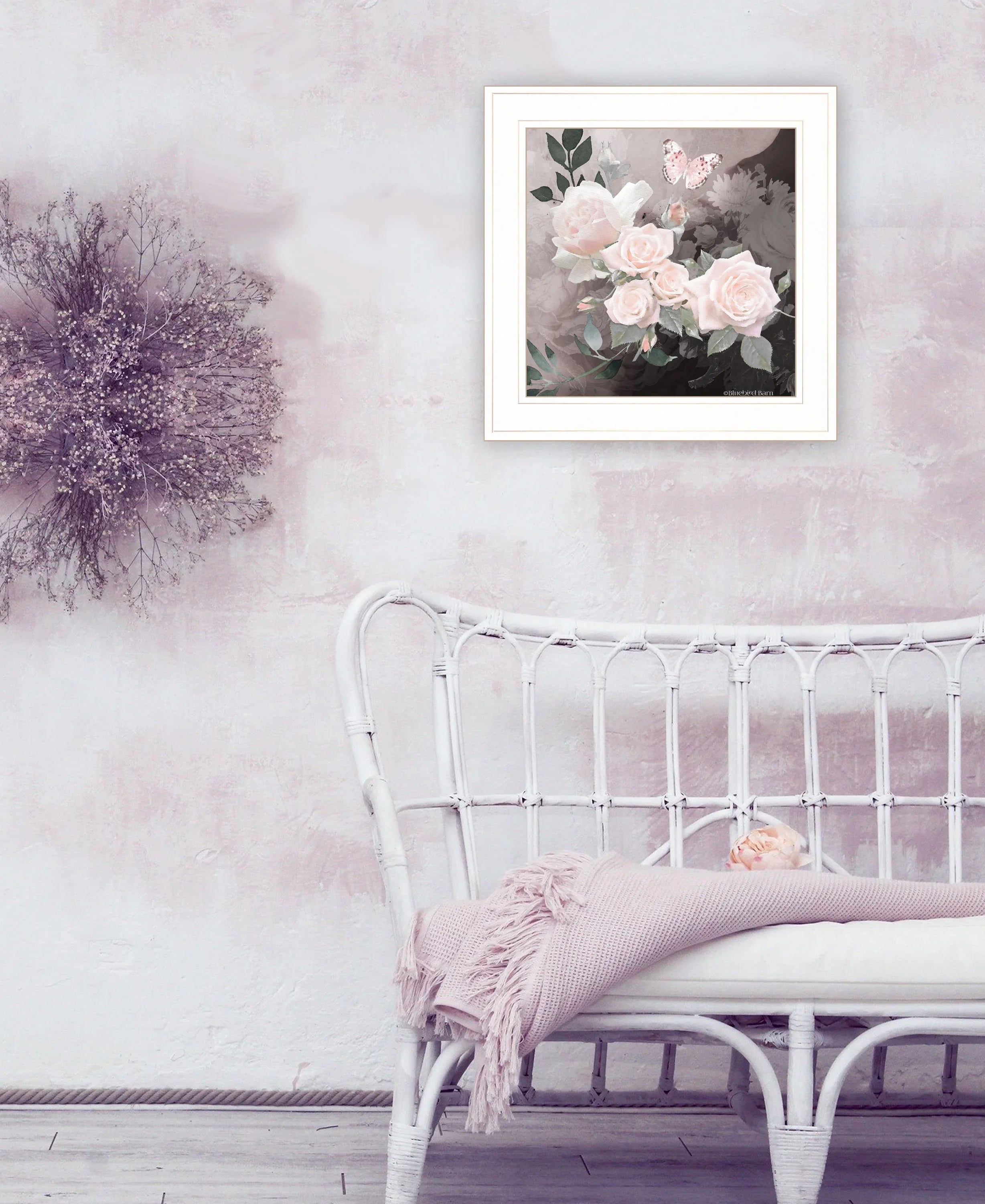 Bluebird Barn, "Noir 1" Print, Frame to Framed Hang White Roses by Ready