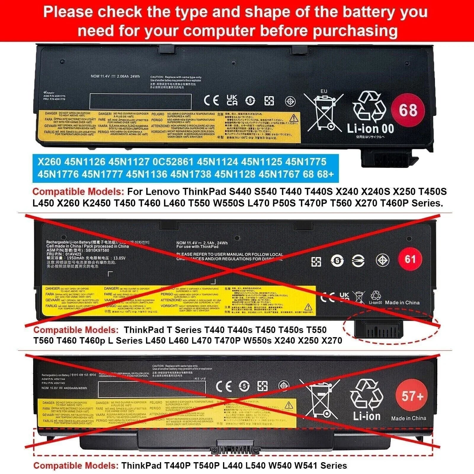 T560 Battery T450 Thinkpad ✅68 T460 For T440 L450 T470P 45N1775 T550 T460P
