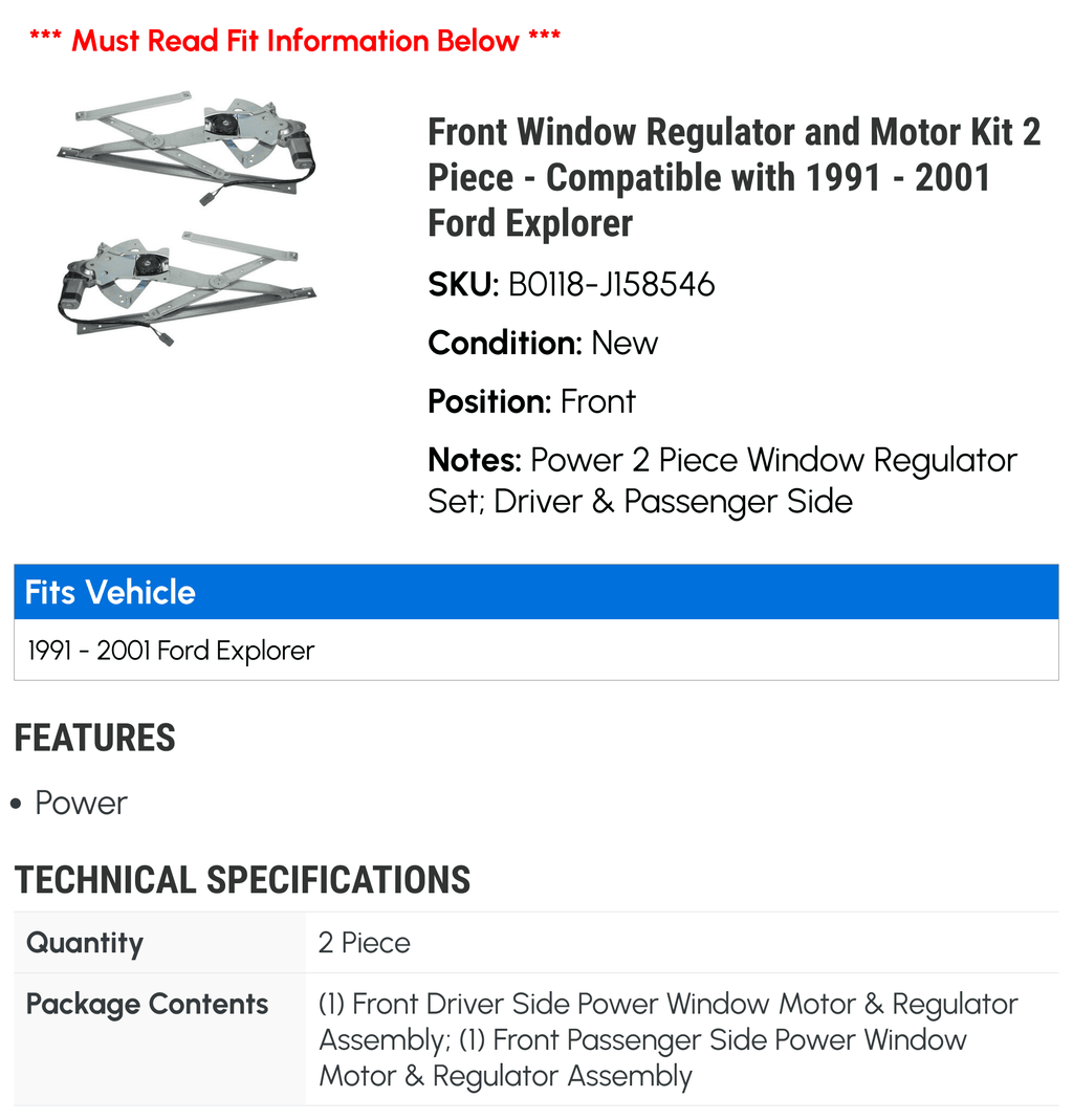 1992 1995 1993 2000 1997 2001 Explorer 2 1994 Front Regulator 1996 Window Piece with - and Motor - 1991 Kit Compatible 1999 1998