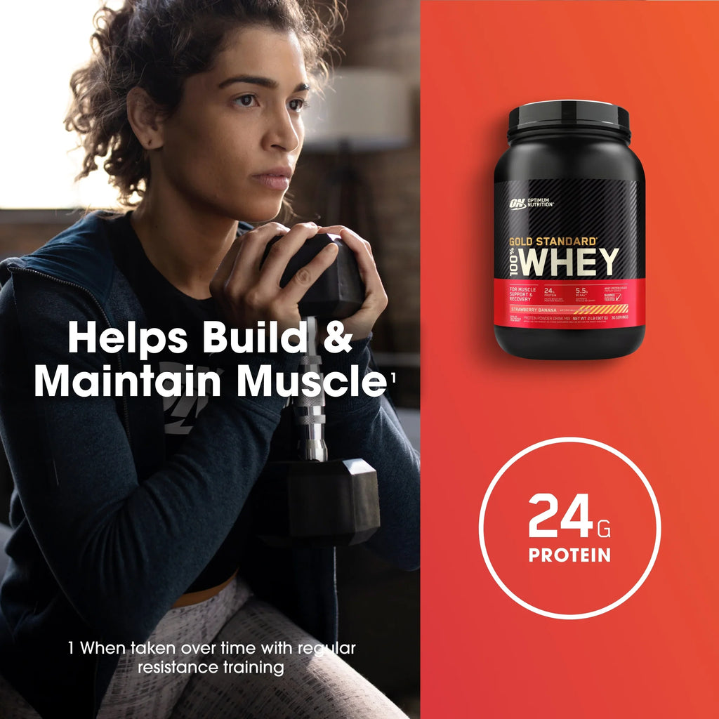 Standard Protein, g Protein Gold Nutrition, Whey Servings Strawberry Optimum Powder, Banana, lb, 100% 24 2 30