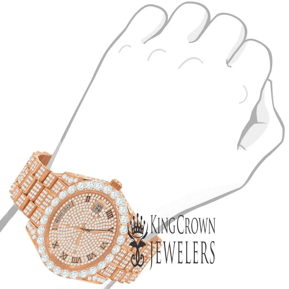 Steel Bezel Face Solitaire 40mm Full 18K Gold Day-Date Simulated Roman Tone Mens Rose Diamond Watch